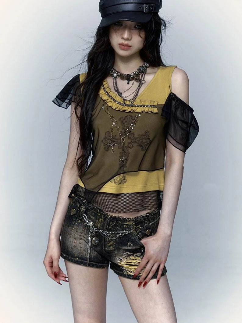 Asym Rock Punk Mesh Rhinestone Print T-Shirt