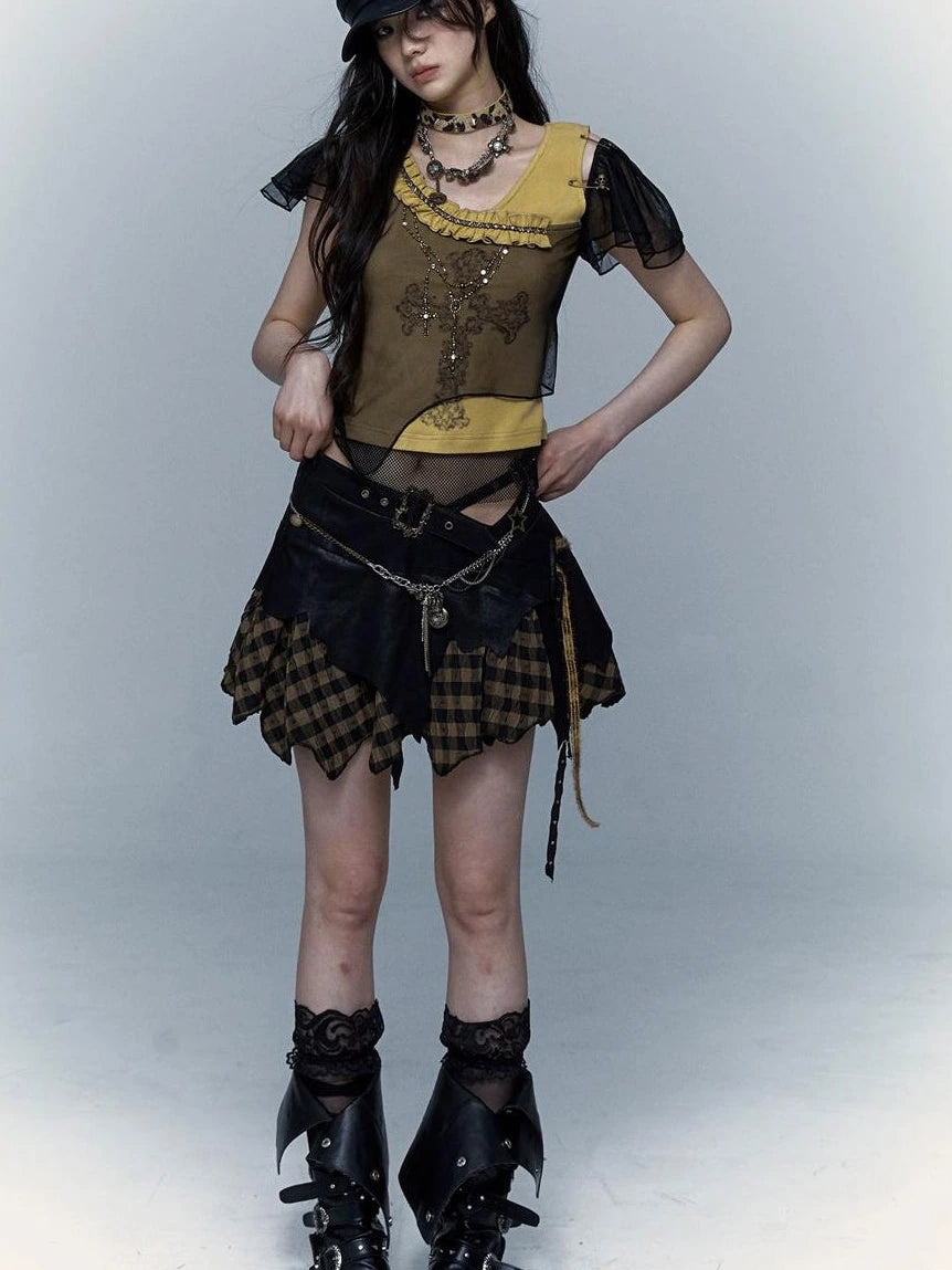 Asym Rock Punk Mesh Rhinestone Print T-Shirt