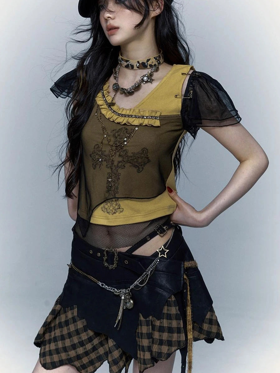 Asym Rock Punk Mesh Rhinestone Print T-Shirt