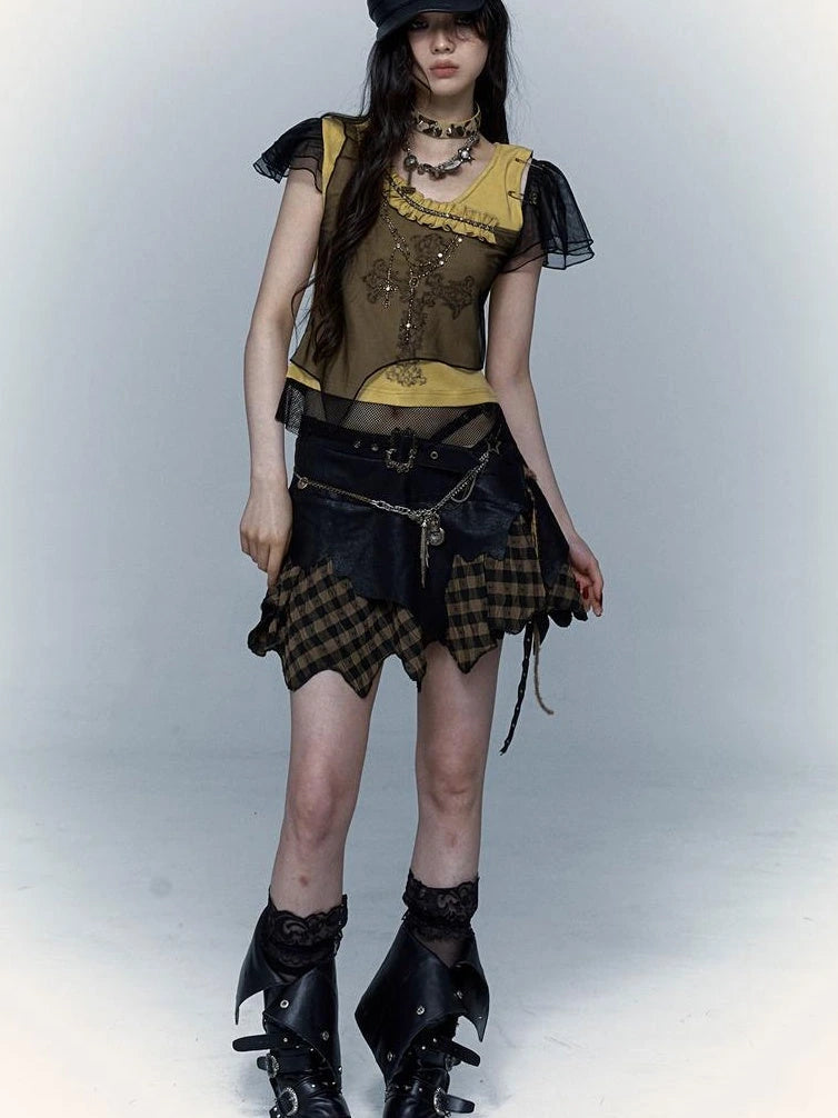 Asym Rock Punk Mesh Rhinestone Print T-Shirt