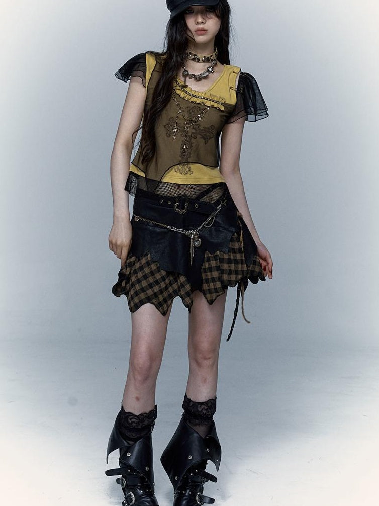 NO ROMANCE禁忌浪漫 Asym Rock Punk Mesh Rhinestone Print T-Shirt