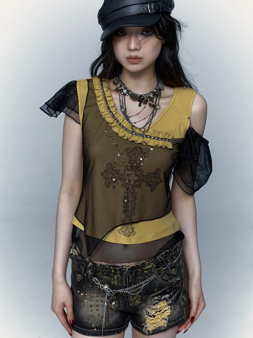 NO ROMANCE禁忌浪漫 Asym Rock Punk Mesh Rhinestone Print T-Shirt