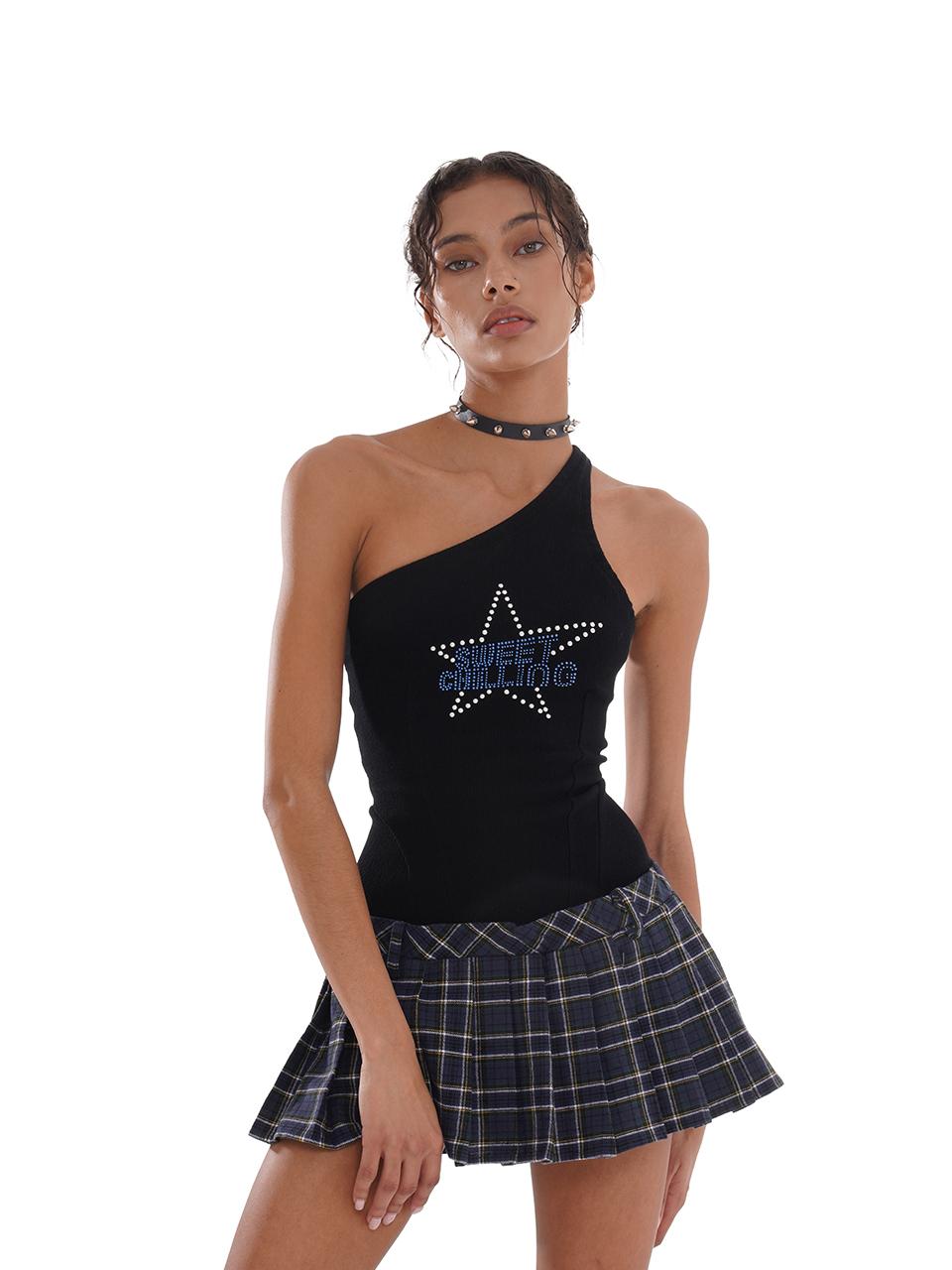 SweetChilling Asym Star Rhinestone Plaid Pleated Dress