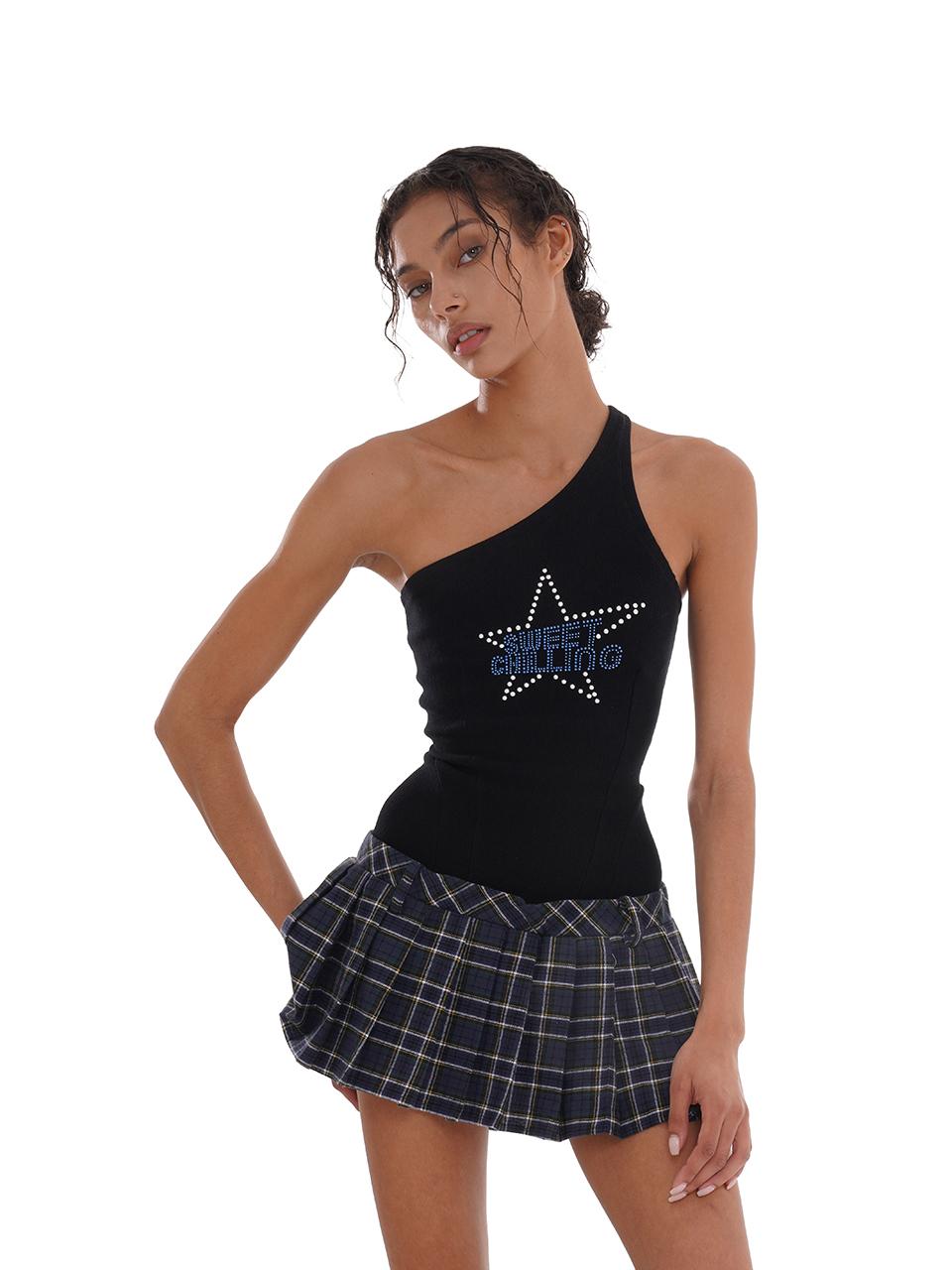 SweetChilling Asym Star Rhinestone Plaid Pleated Dress