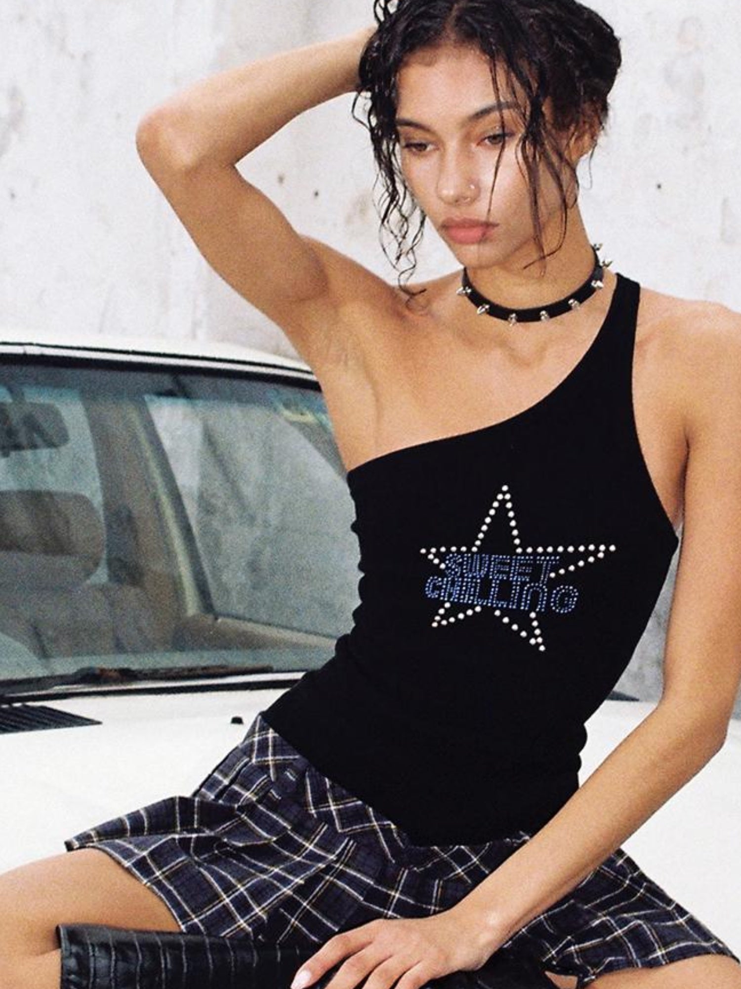 SweetChilling Asym Star Rhinestone Plaid Pleated Dress