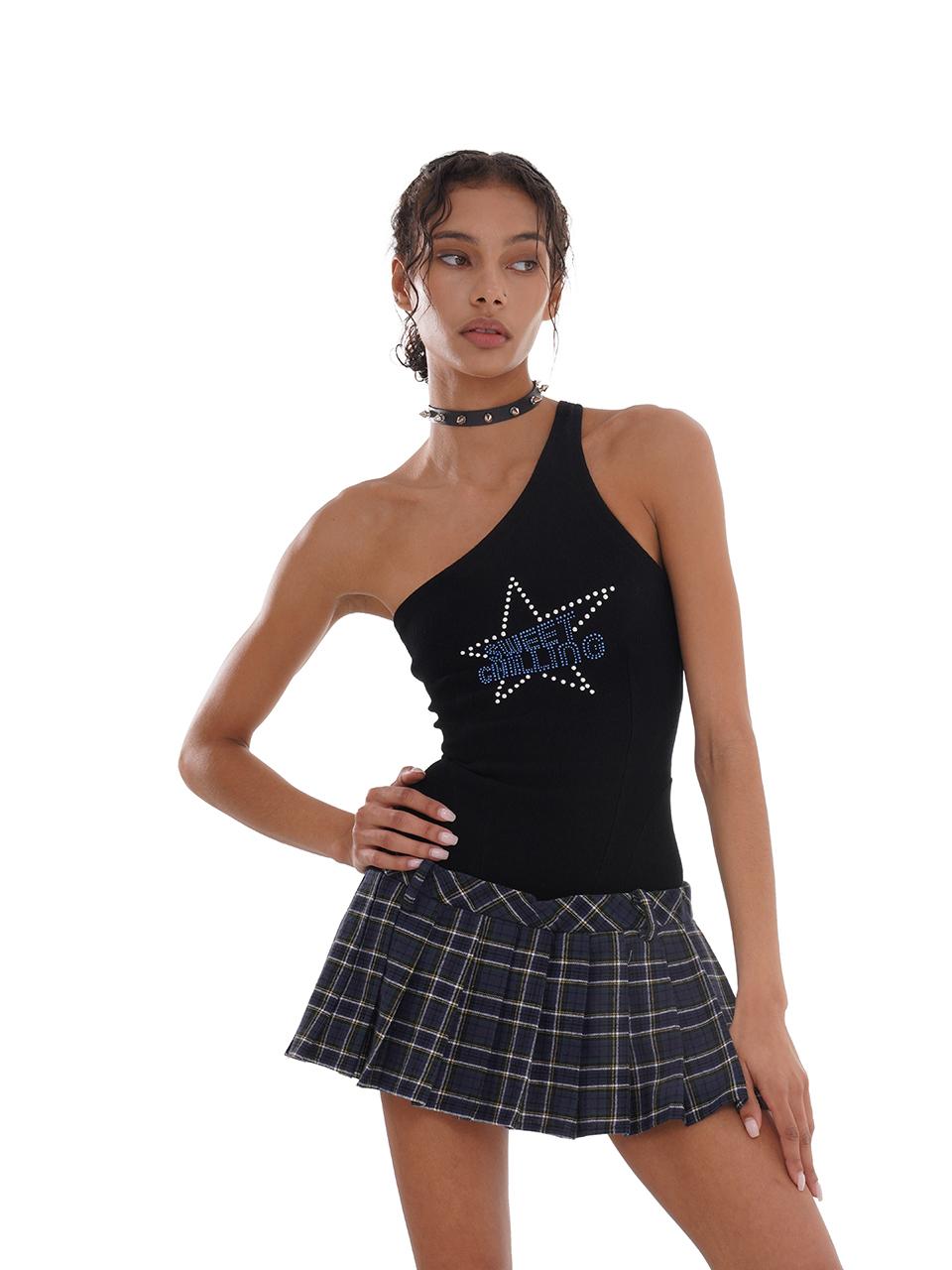 SweetChilling Asym Star Rhinestone Plaid Pleated Dress
