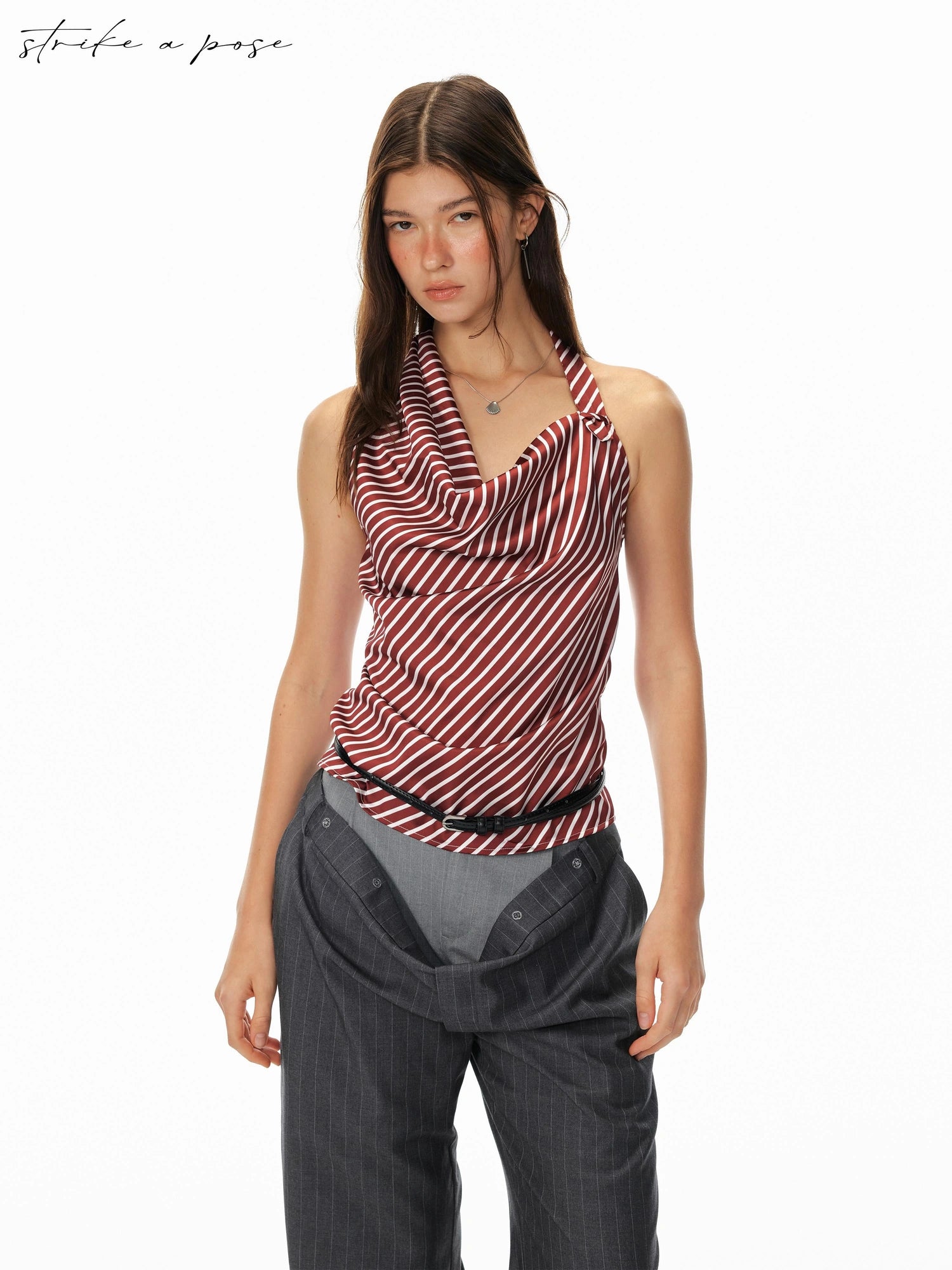 Asym Stripe Sleeveless Draped Tie Neck Top