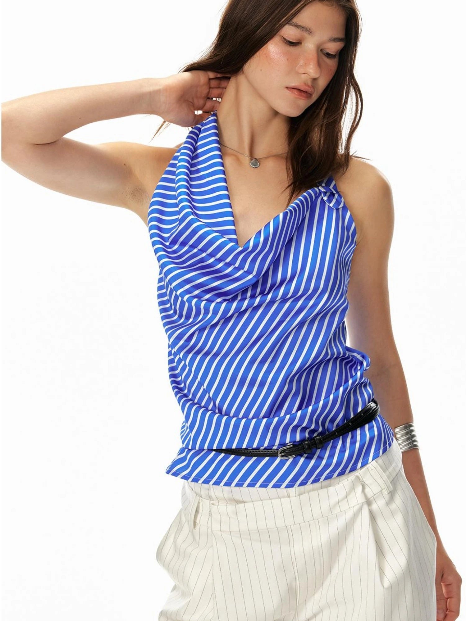 Asym Stripe Sleeveless Draped Tie Neck Top