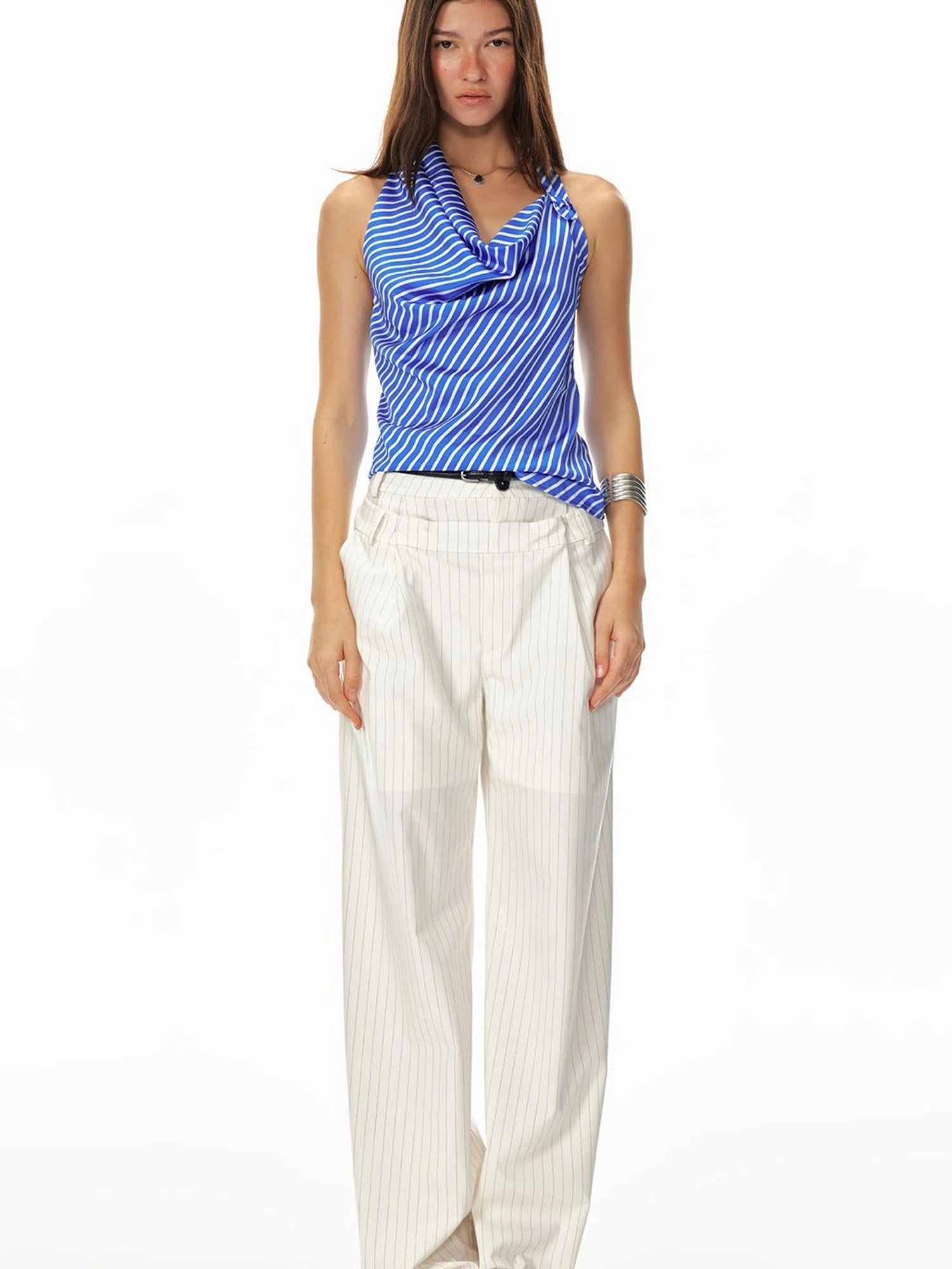 Asym Stripe Sleeveless Draped Tie Neck Top