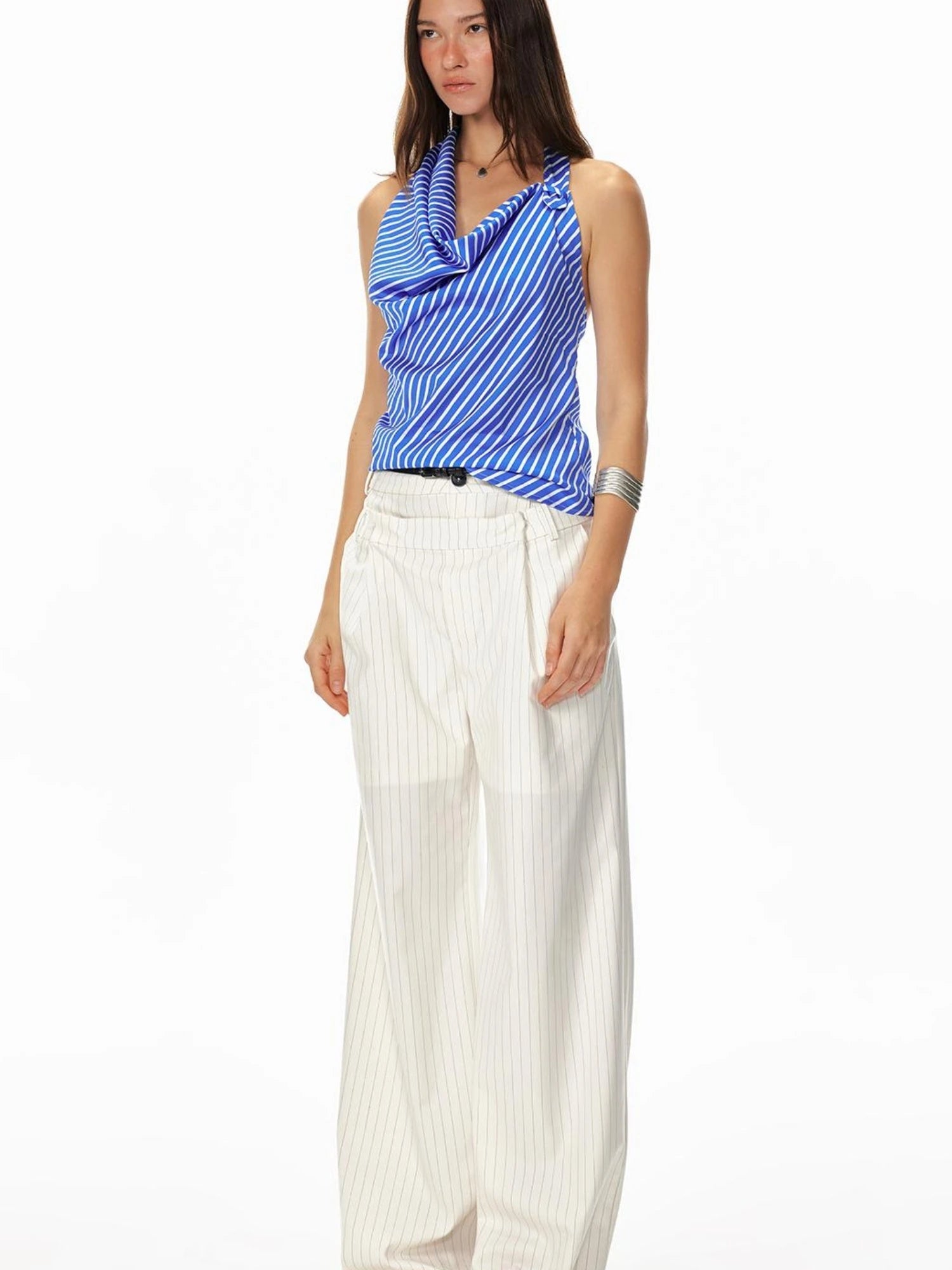 Asym Stripe Sleeveless Draped Tie Neck Top