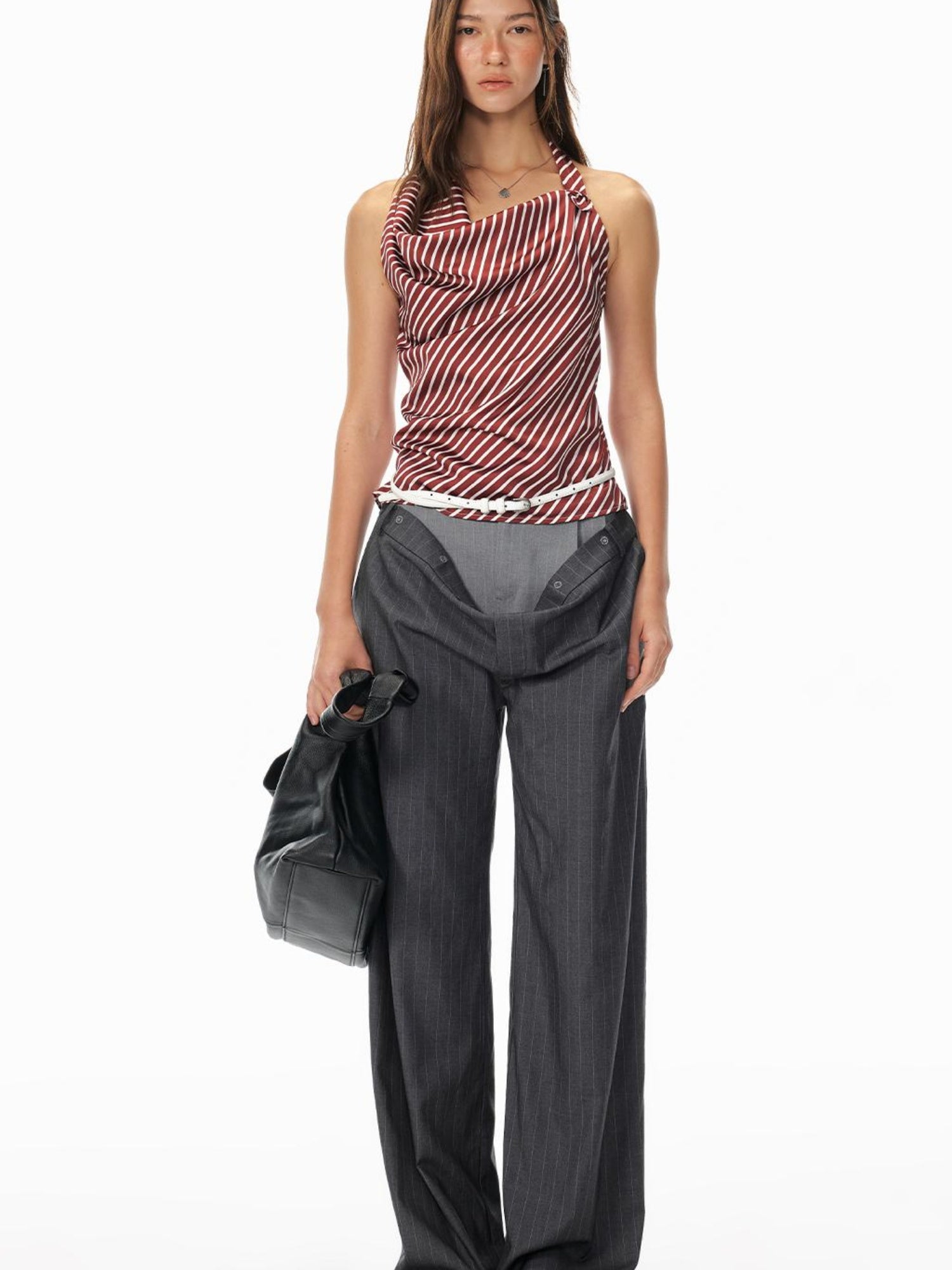 STRIKE A POSE Asym Stripe Sleeveless Draped Tie Neck Top