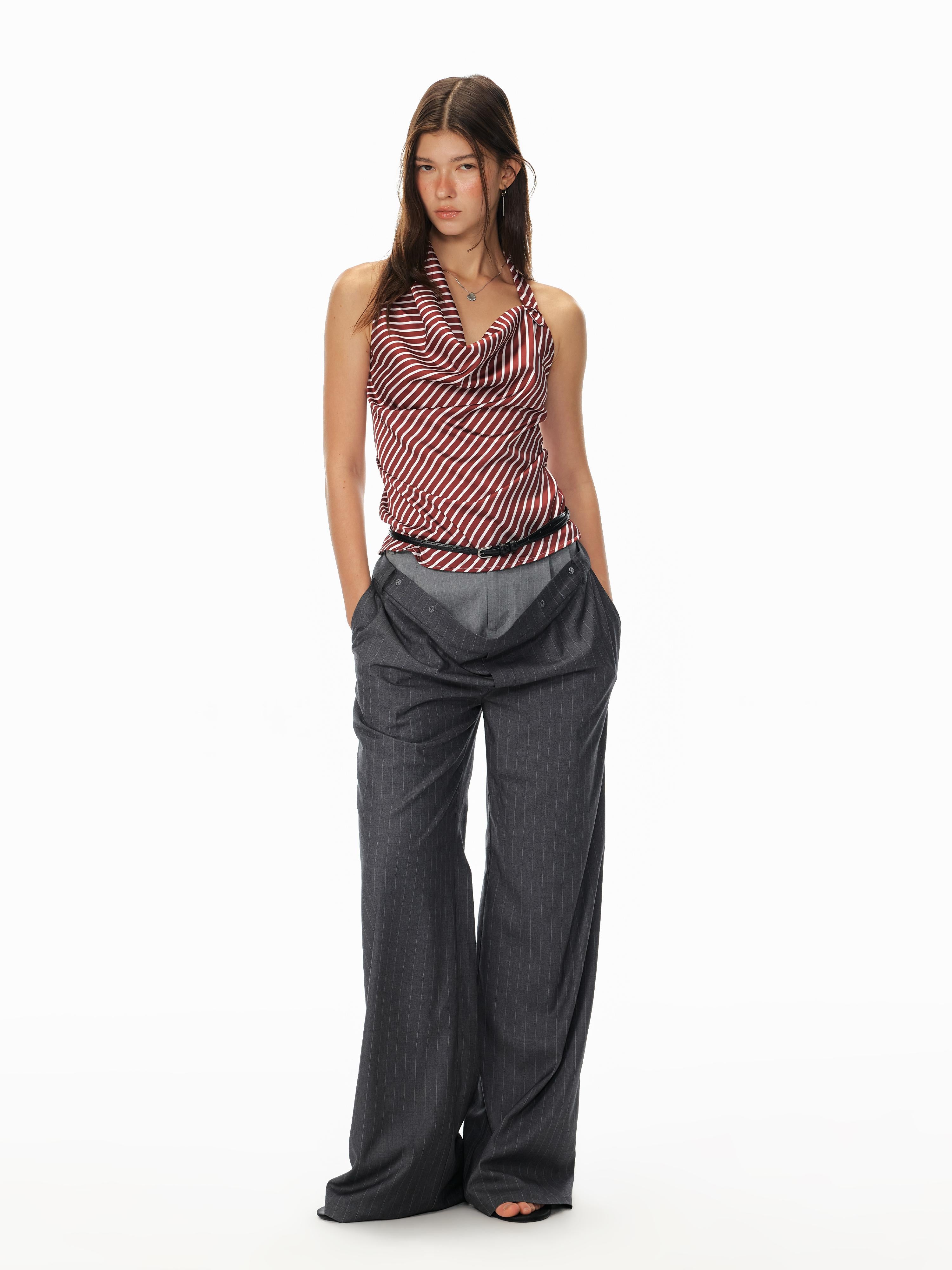 STRIKE A POSE Asym Stripe Sleeveless Draped Tie Neck Top