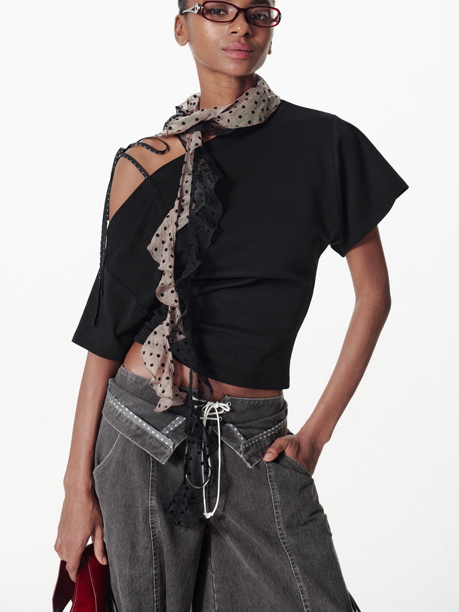 2th Desire Asymmetric Color Block Dot Tie Front Batwing Sleeve T-Shirt