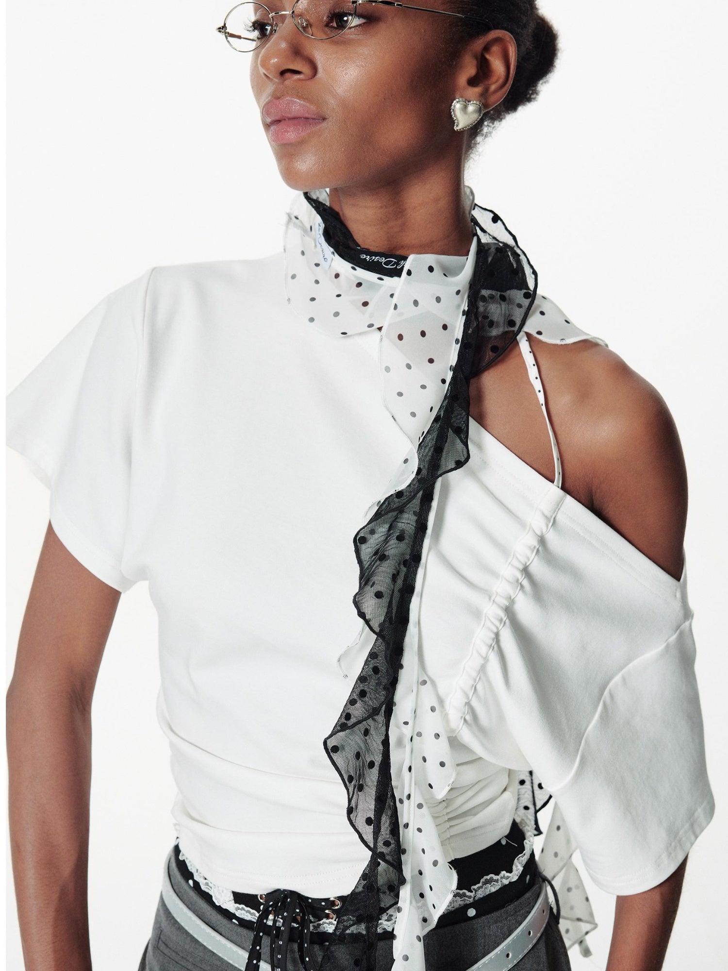 2th Desire Asymmetric Color Block Dot Tie Front Batwing Sleeve T-Shirt