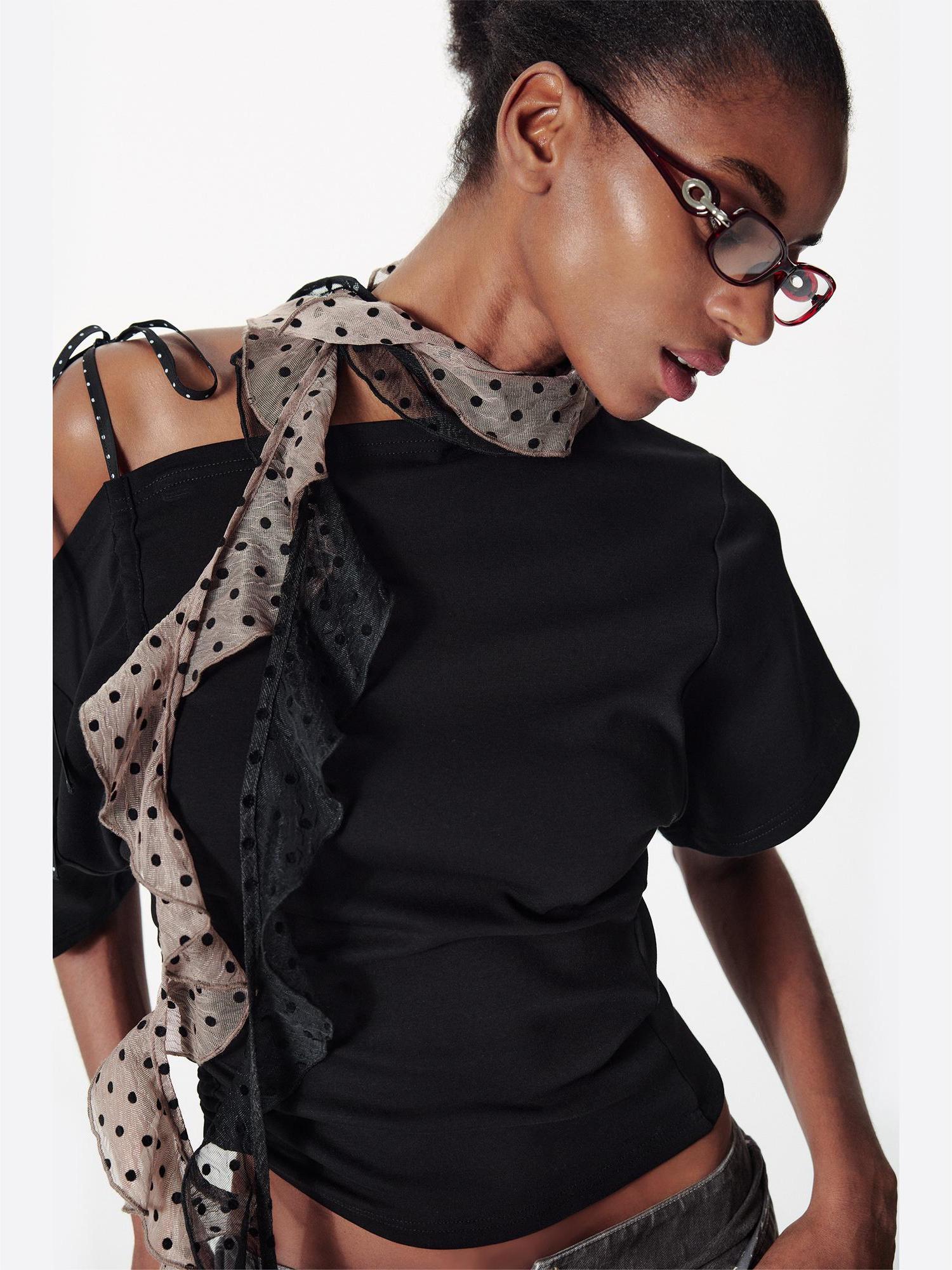 2th Desire Asymmetric Color Block Dot Tie Front Batwing Sleeve T-Shirt