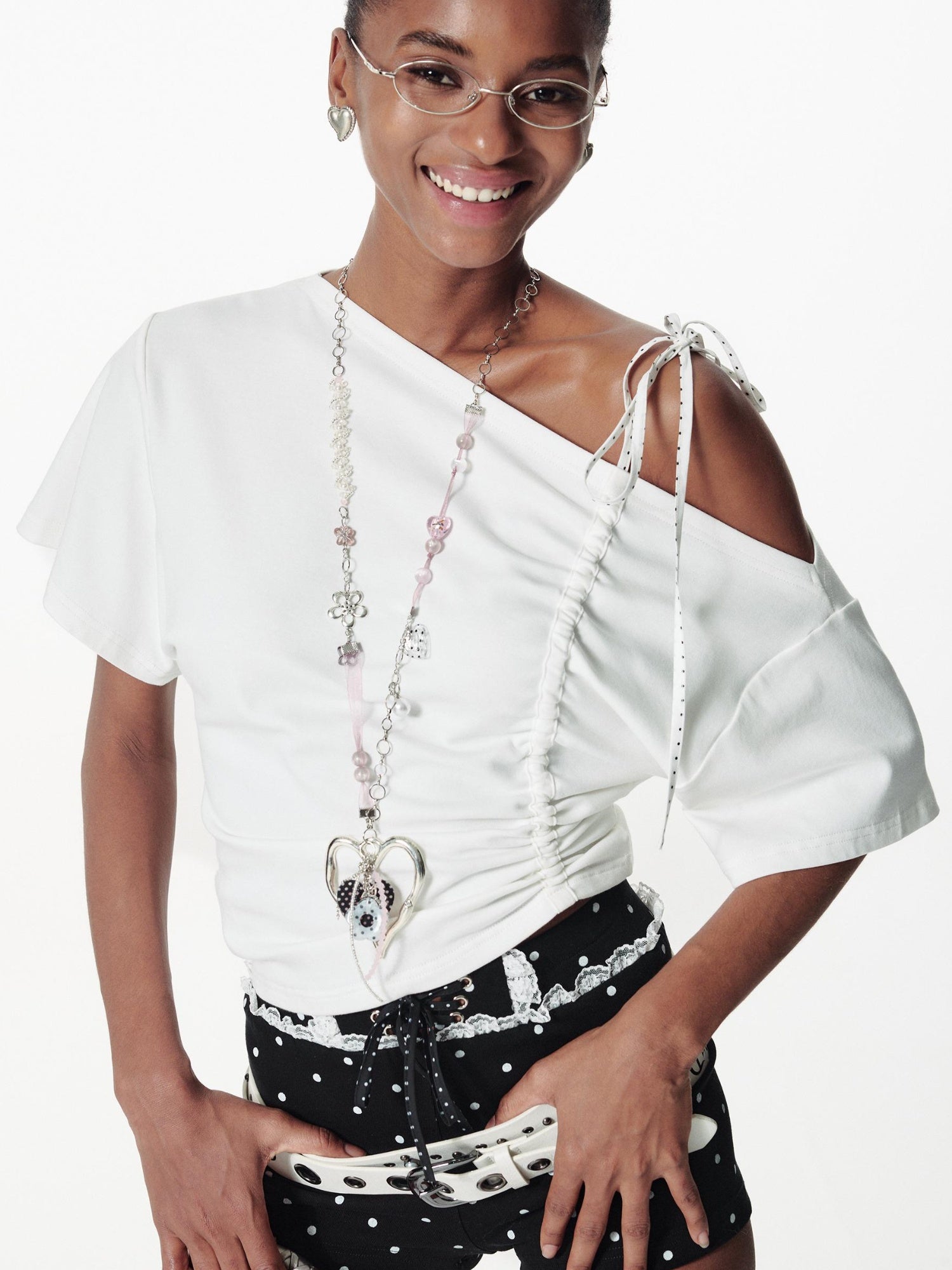 2th Desire Asymmetric Color Block Dot Tie Front Batwing Sleeve T-Shirt