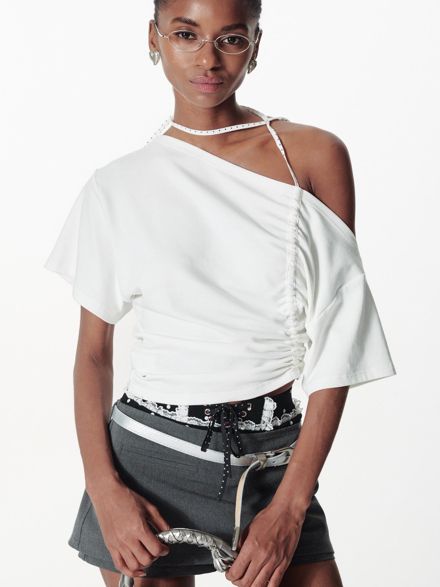 2th Desire Asymmetric Color Block Dot Tie Front Batwing Sleeve T-Shirt
