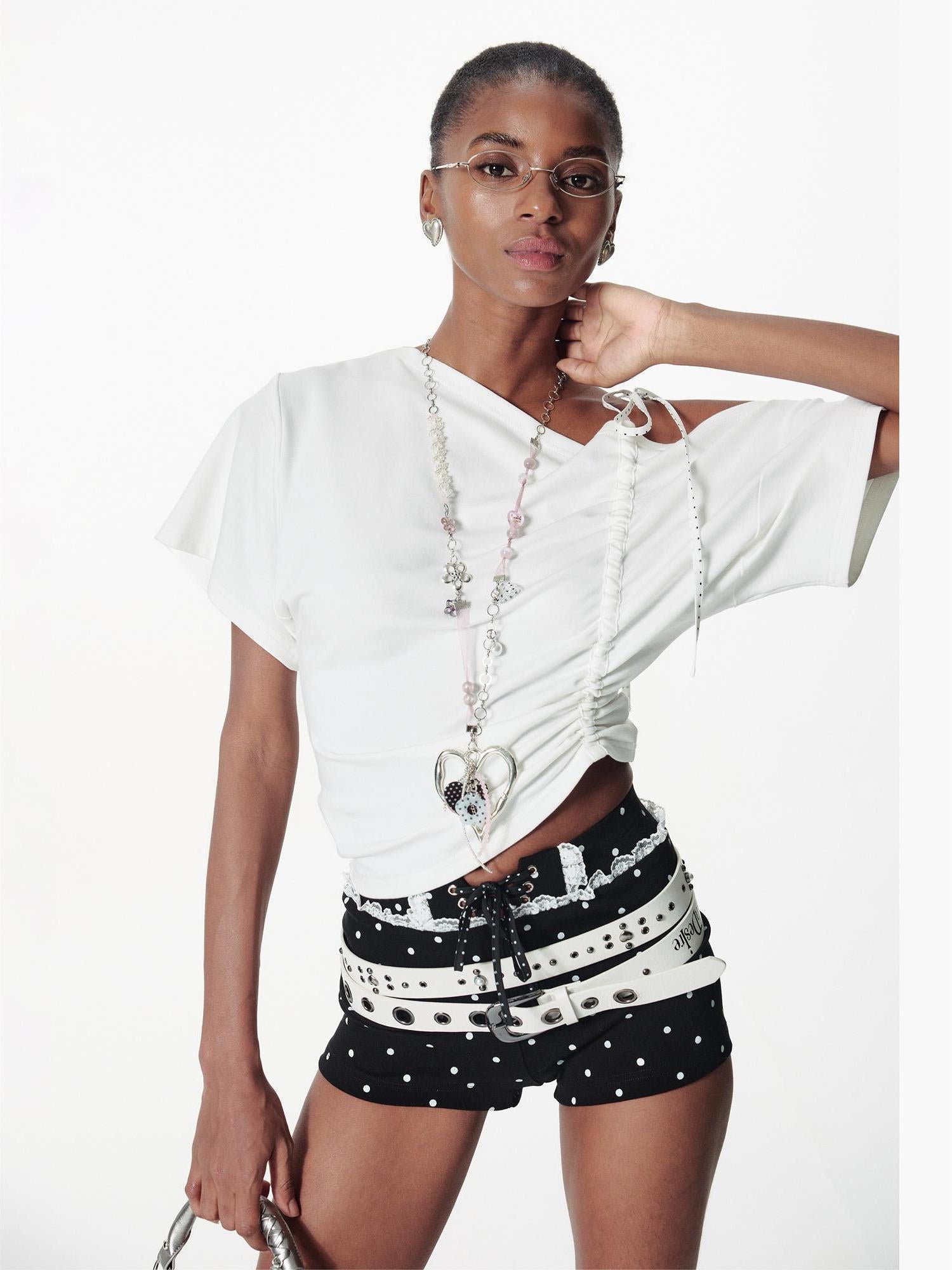 2th Desire Asymmetric Color Block Dot Tie Front Batwing Sleeve T-Shirt