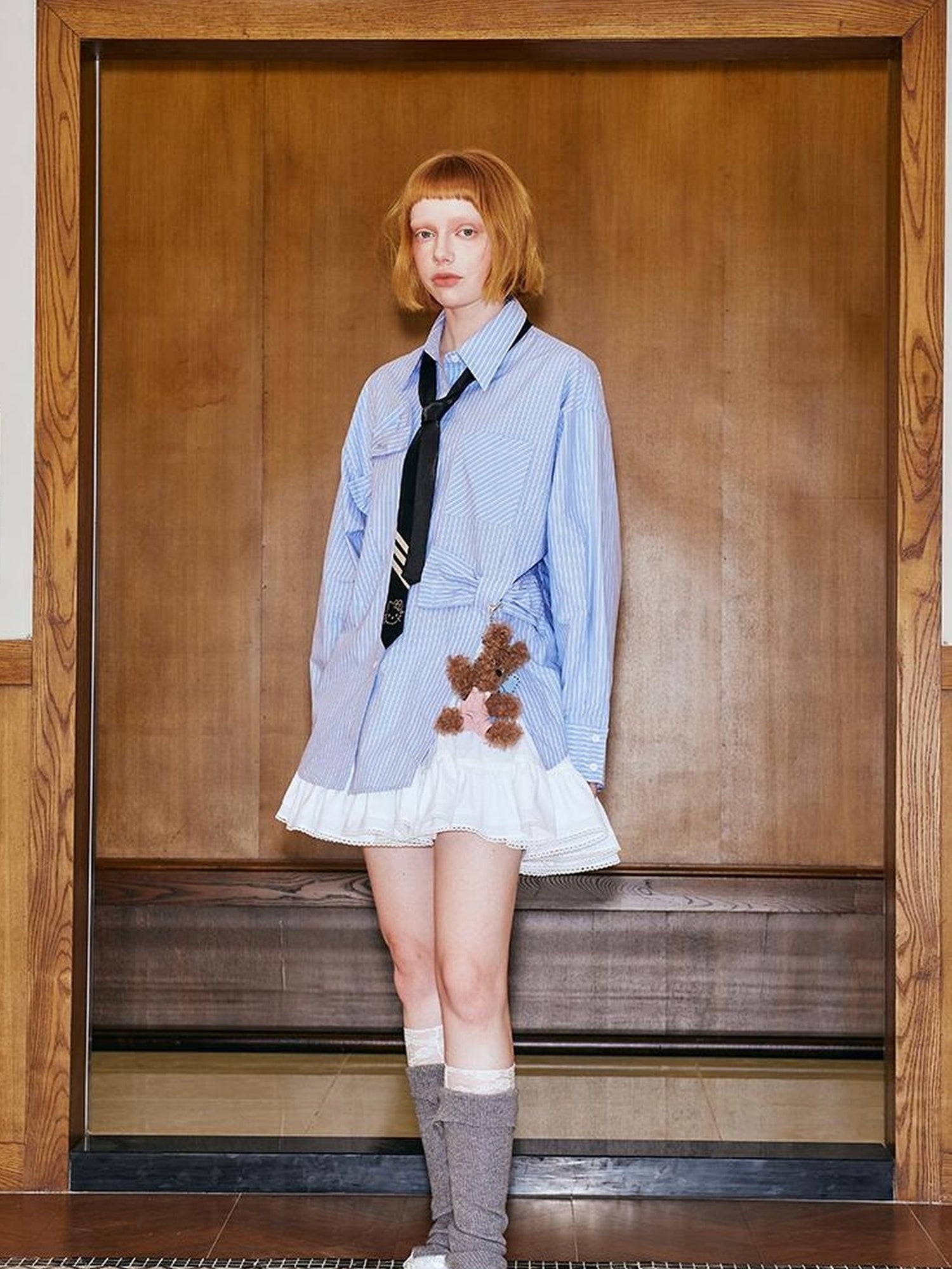 DIDDI MODA Asymmetrical Bow Split Blue Stripe Shirt