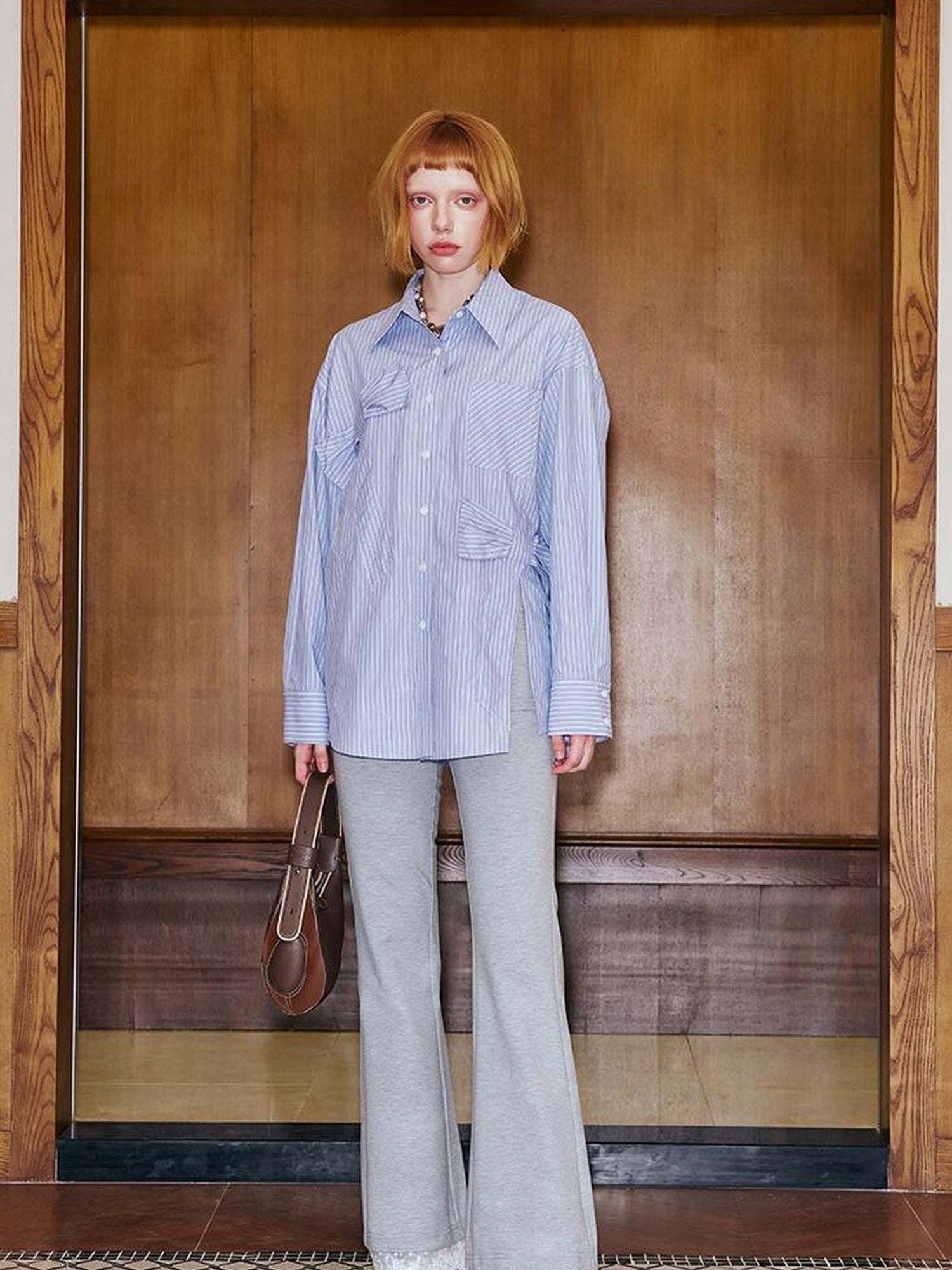 DIDDI MODA Asymmetrical Bow Split Blue Stripe Shirt