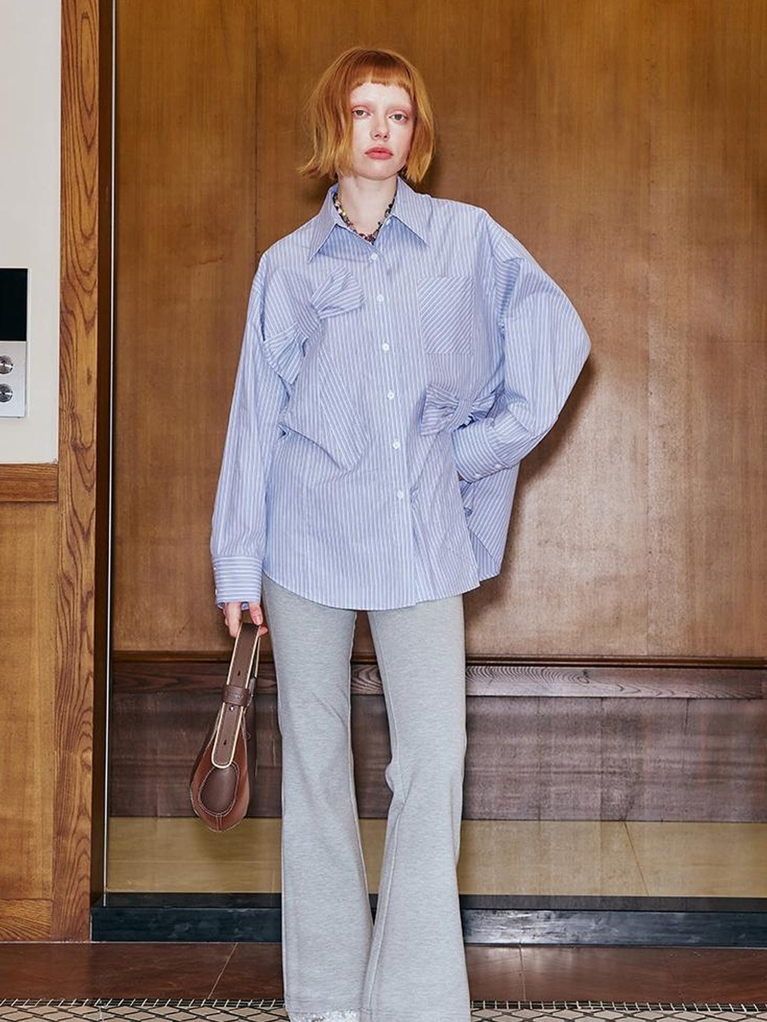 DIDDI MODA Asymmetrical Bow Split Blue Stripe Shirt