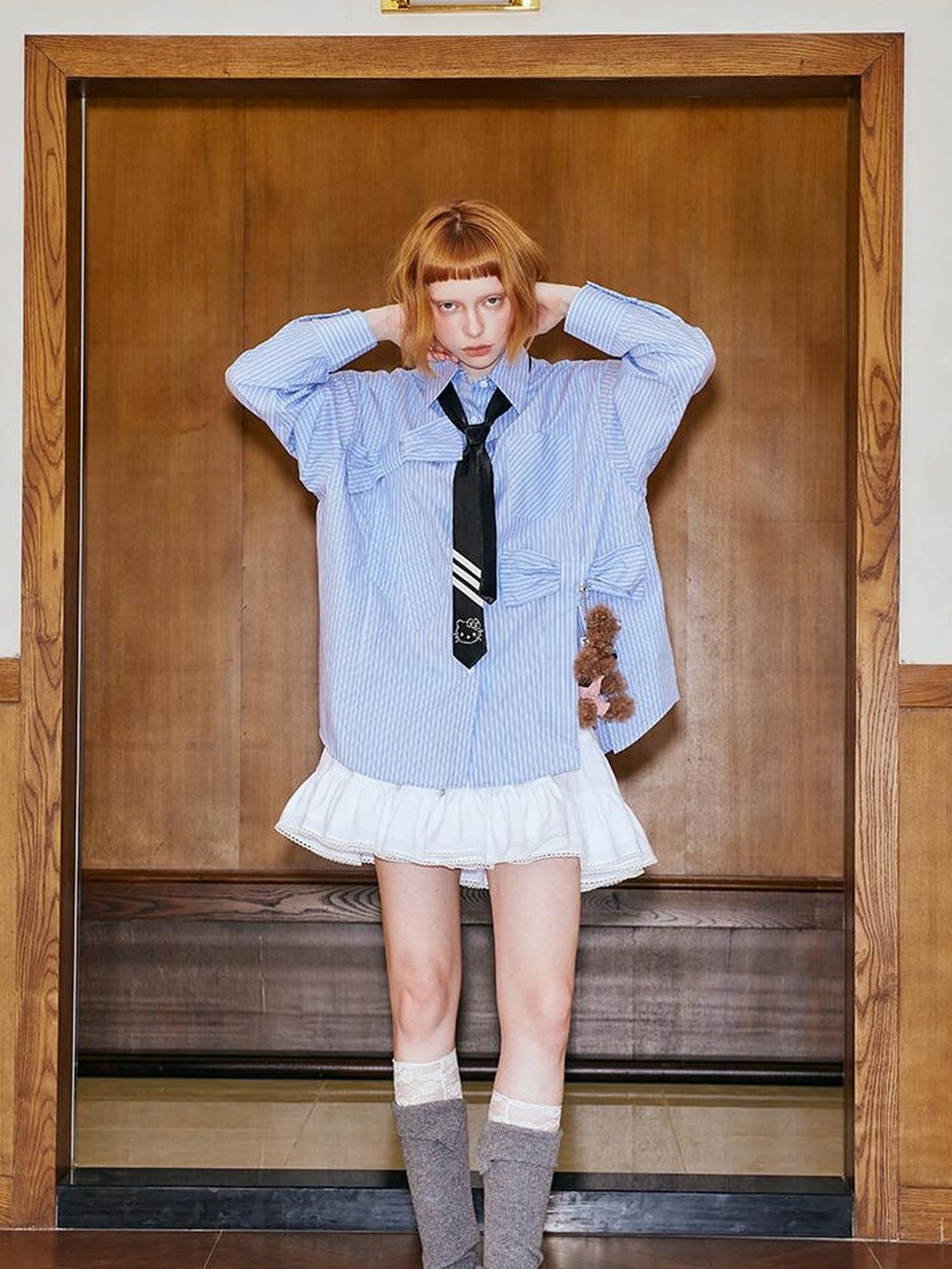 DIDDI MODA Asymmetrical Bow Split Blue Stripe Shirt