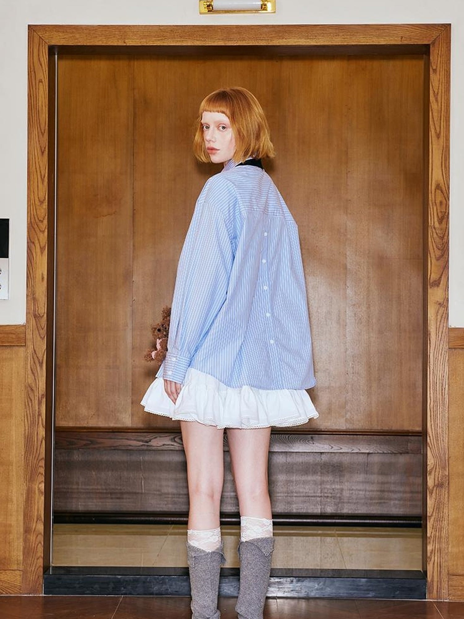 DIDDI MODA Asymmetrical Bow Split Blue Stripe Shirt