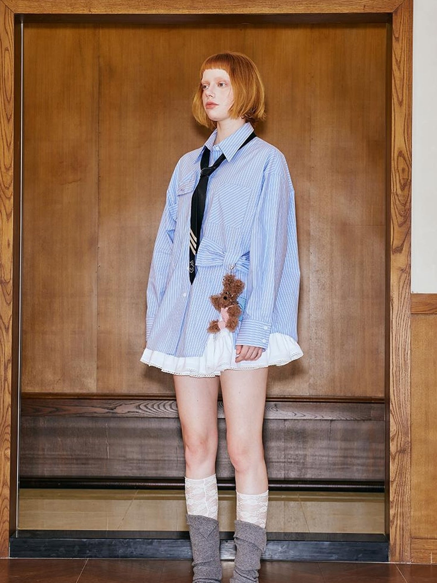 DIDDI MODA Asymmetrical Bow Split Blue Stripe Shirt