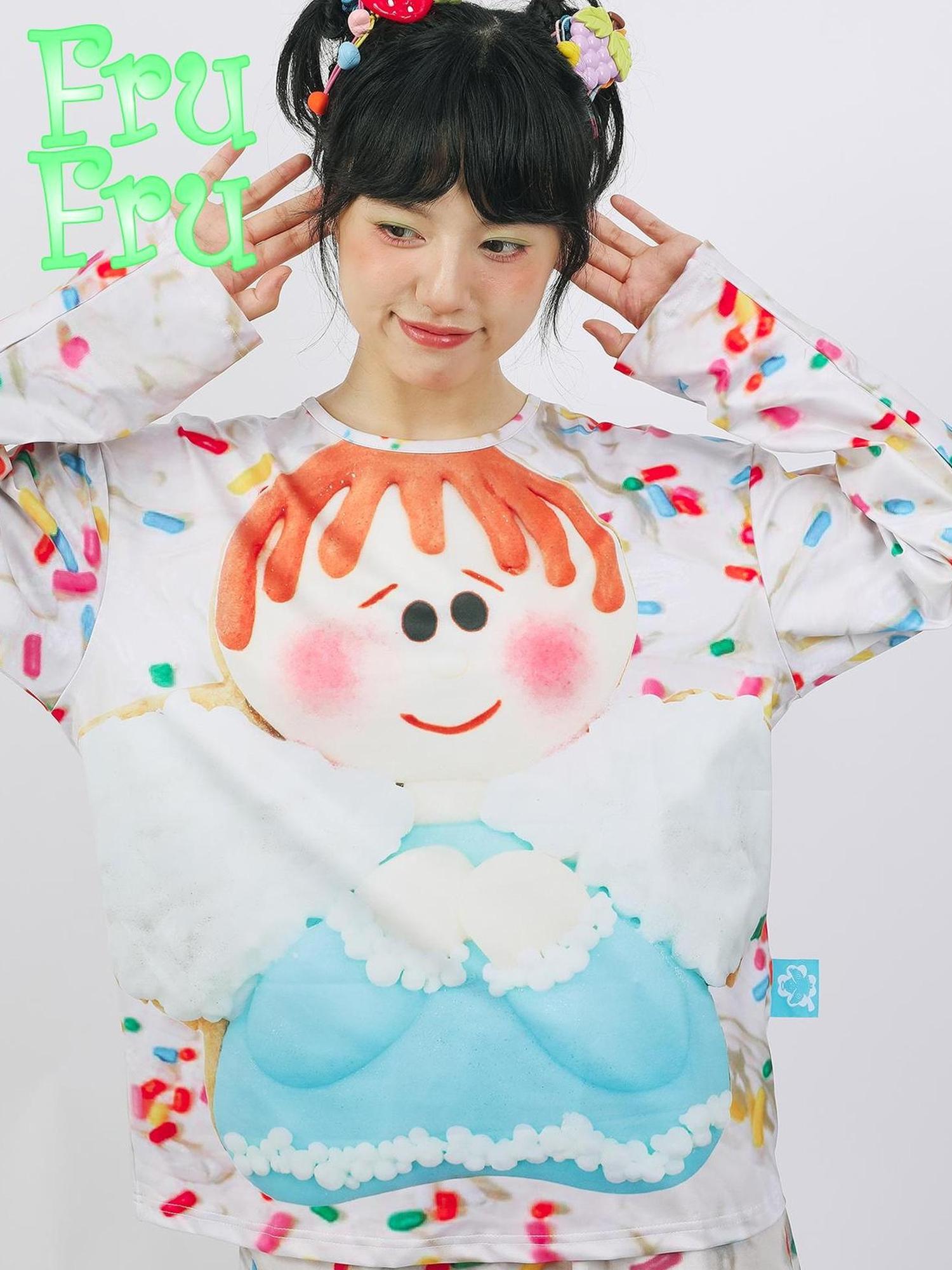 Frufru Gulu Autumn Angel Print White Cookie T Shirt Loose Fit Polyester