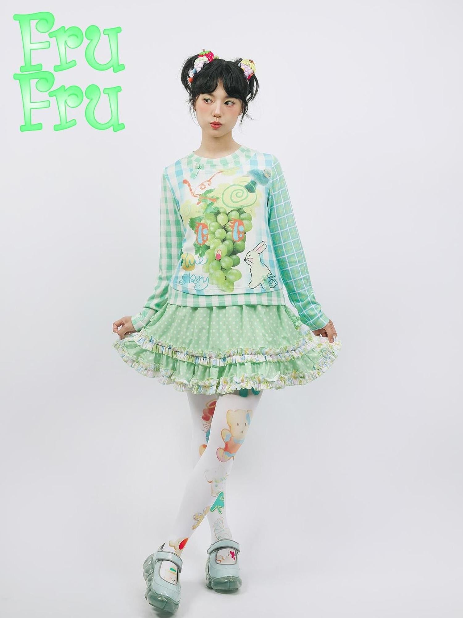 Frufru Gulu Autumn Green Plaid Grape Print Cute Long Sleeve T Shirt