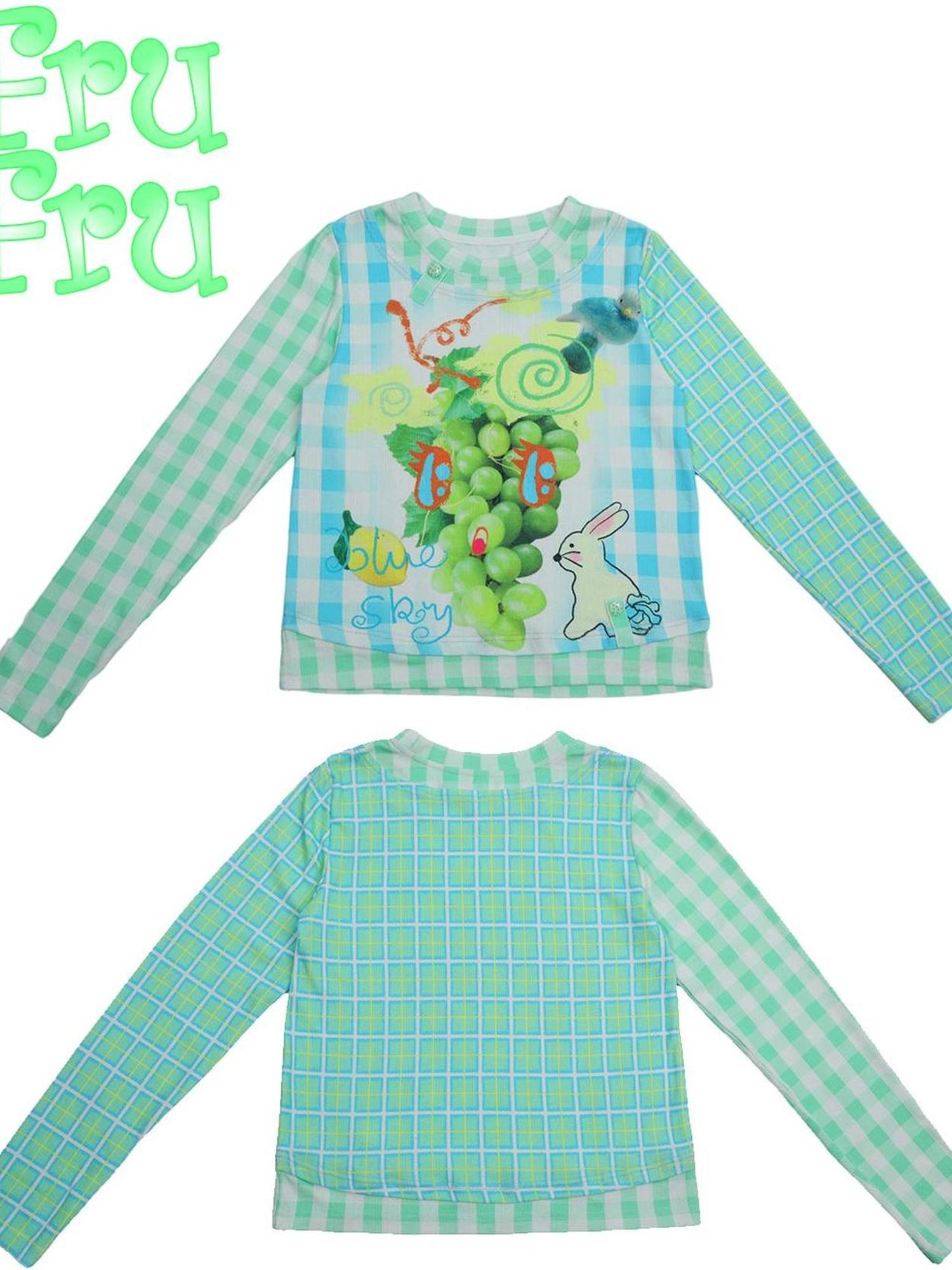 Frufru Gulu Autumn Green Plaid Grape Print Cute Long Sleeve T Shirt