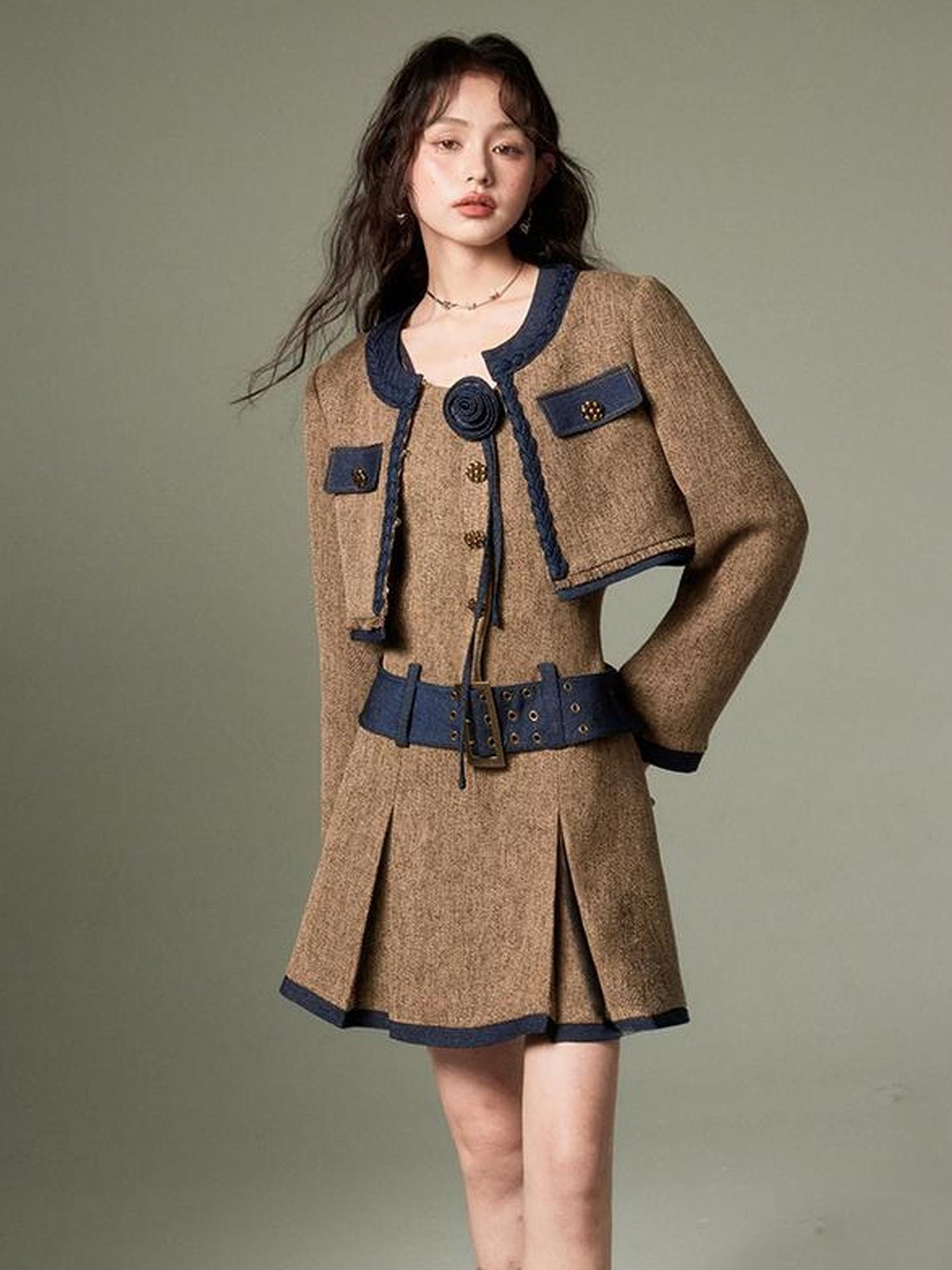 DIDDI MODA Autumn Rose Embroidered Tweed Coat Dress Set