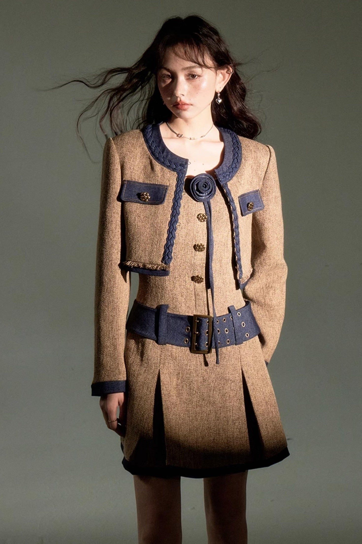 DIDDI MODA Autumn Rose Embroidered Tweed Coat Dress Set