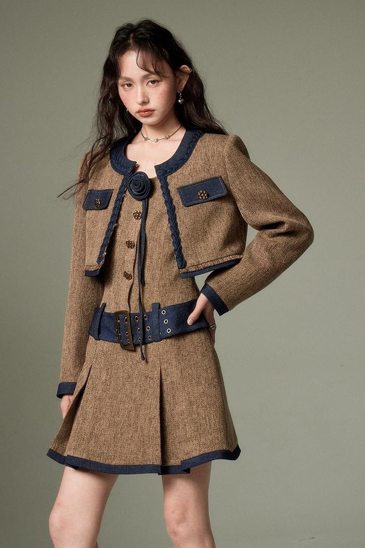 DIDDI MODA Autumn Rose Embroidered Tweed Coat Dress Set