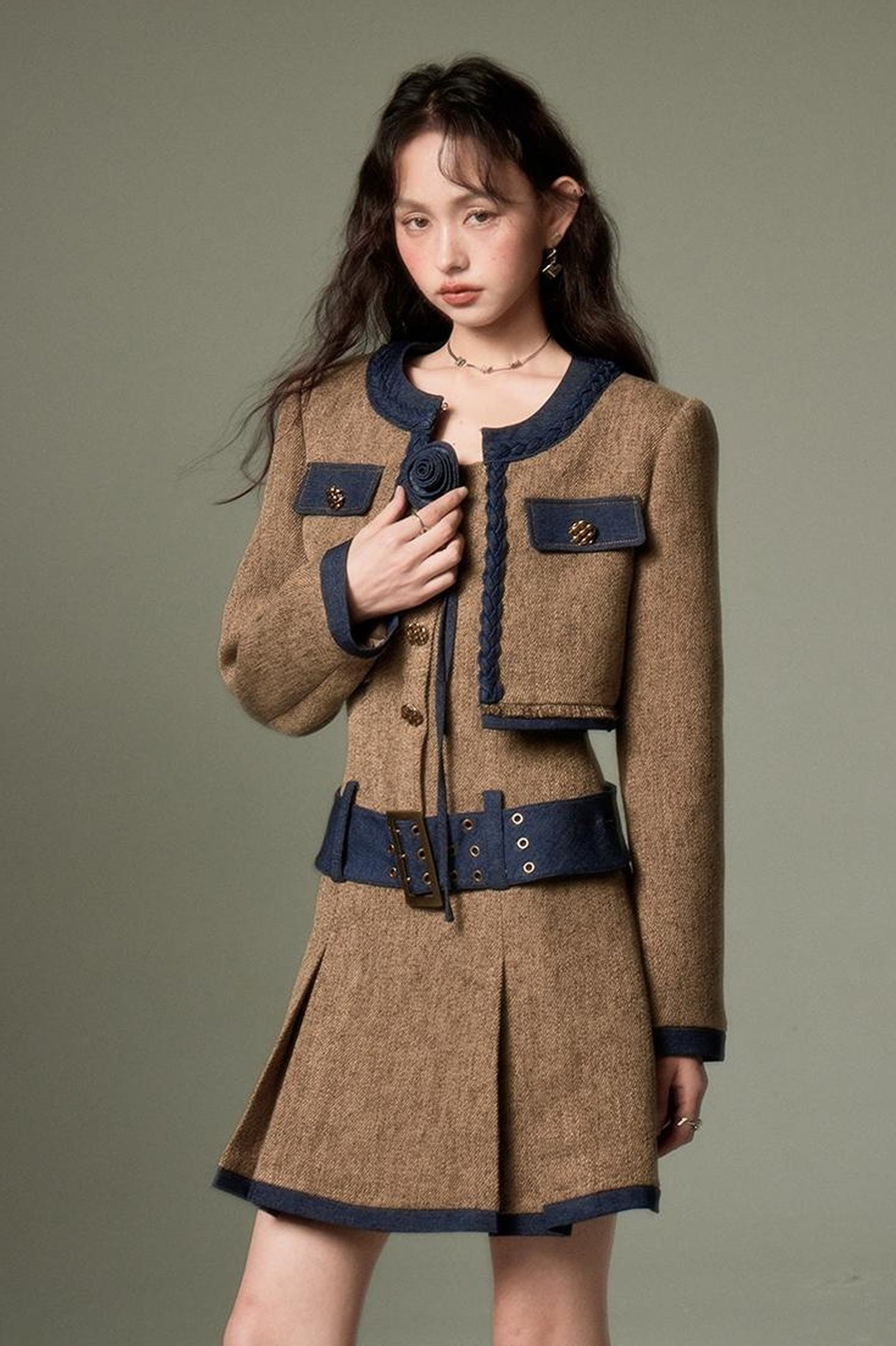 DIDDI MODA Autumn Rose Embroidered Tweed Coat Dress Set