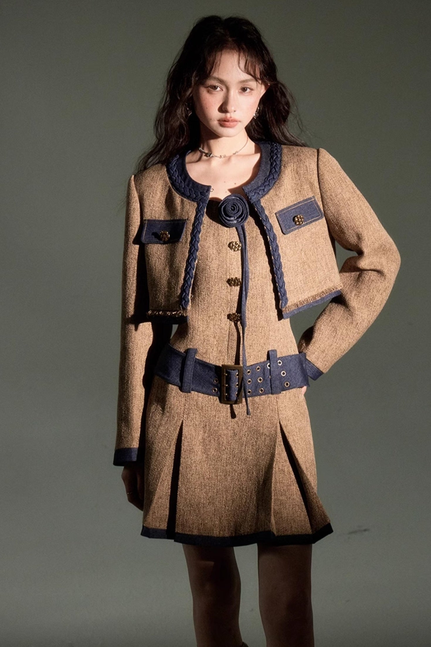 DIDDI MODA Autumn Rose Embroidered Tweed Coat Dress Set