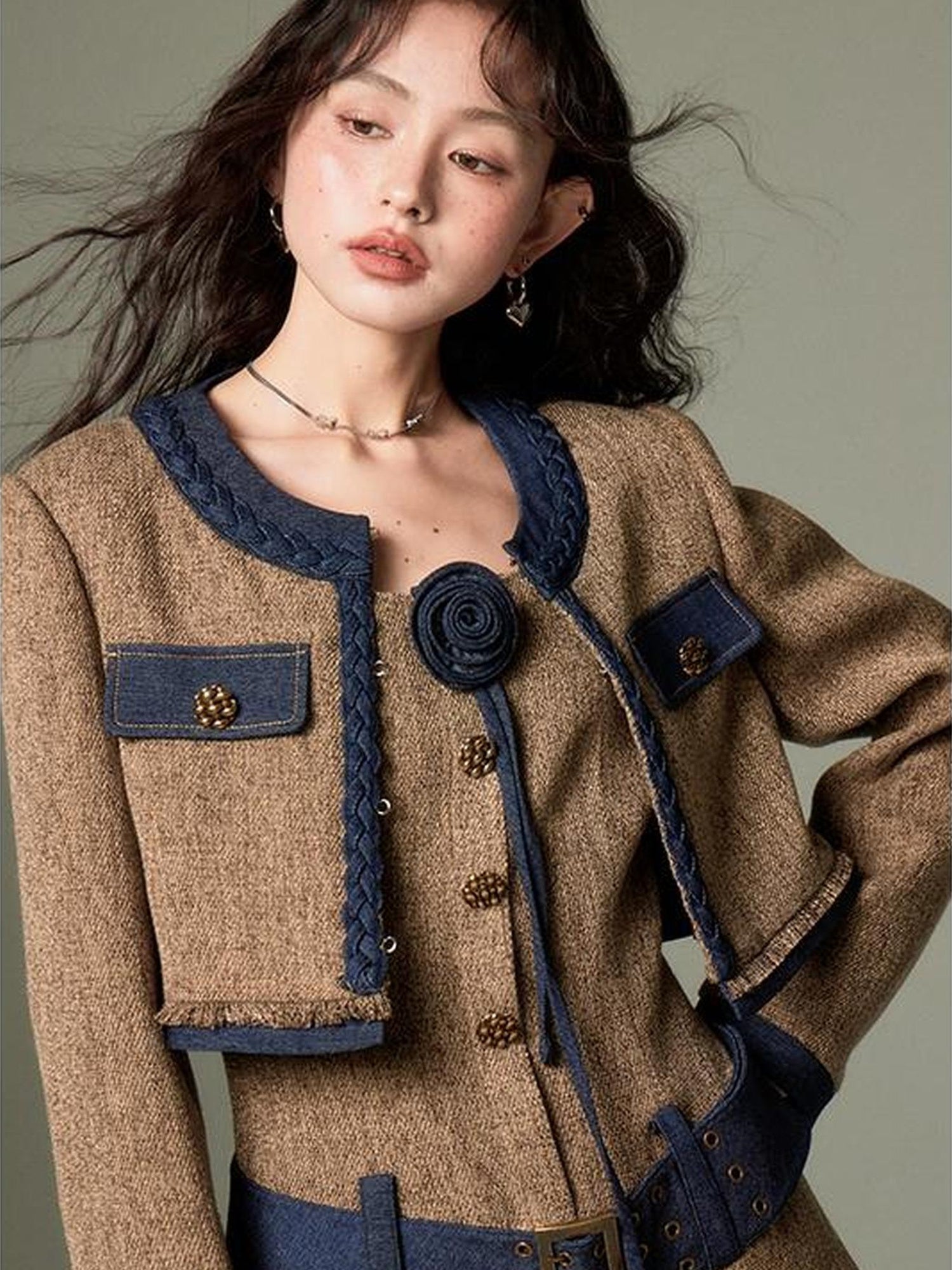 DIDDI MODA Autumn Rose Embroidered Tweed Coat Dress Set