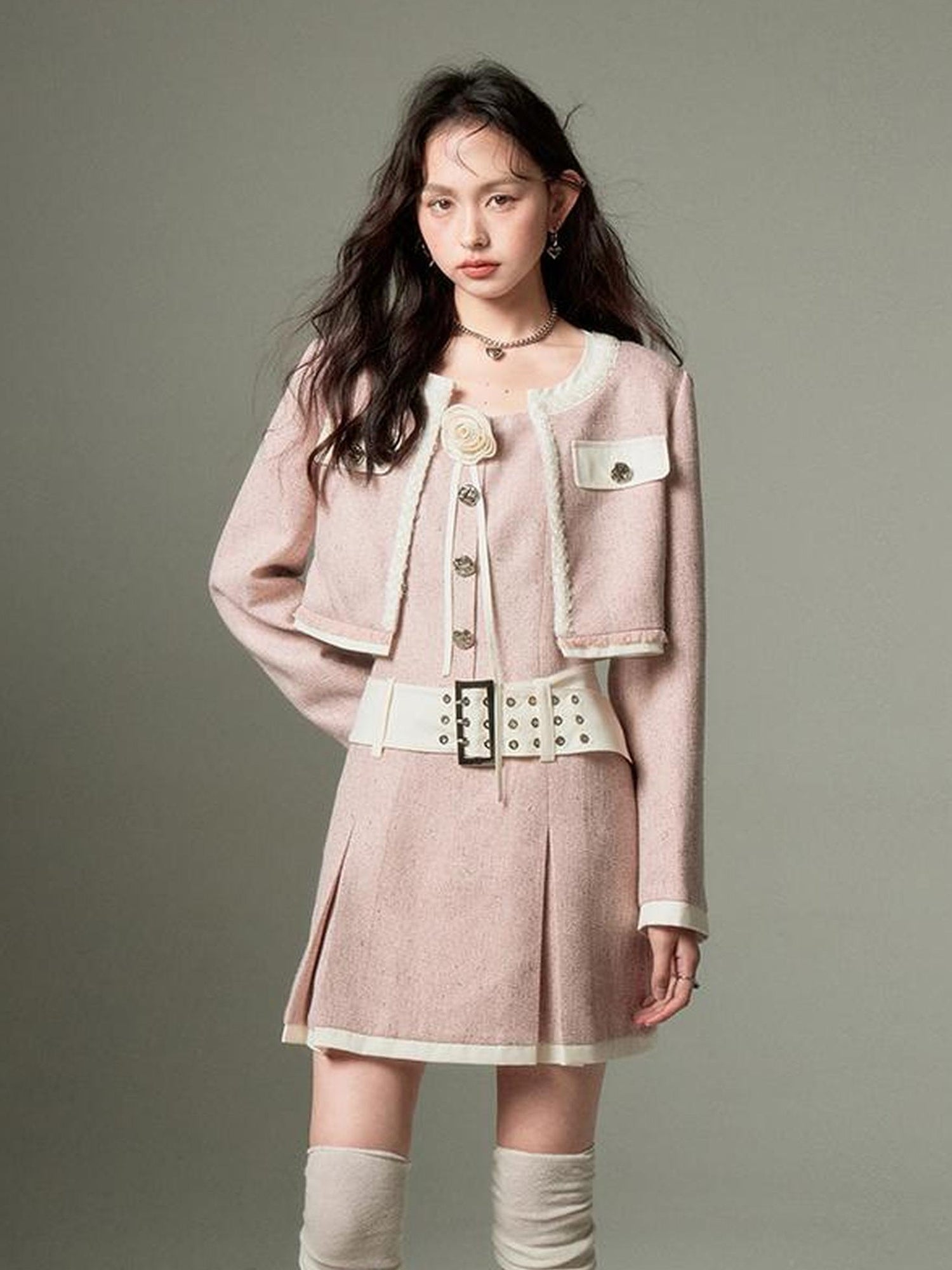 DIDDI MODA Autumn Rose Embroidered Tweed Coat Dress Set