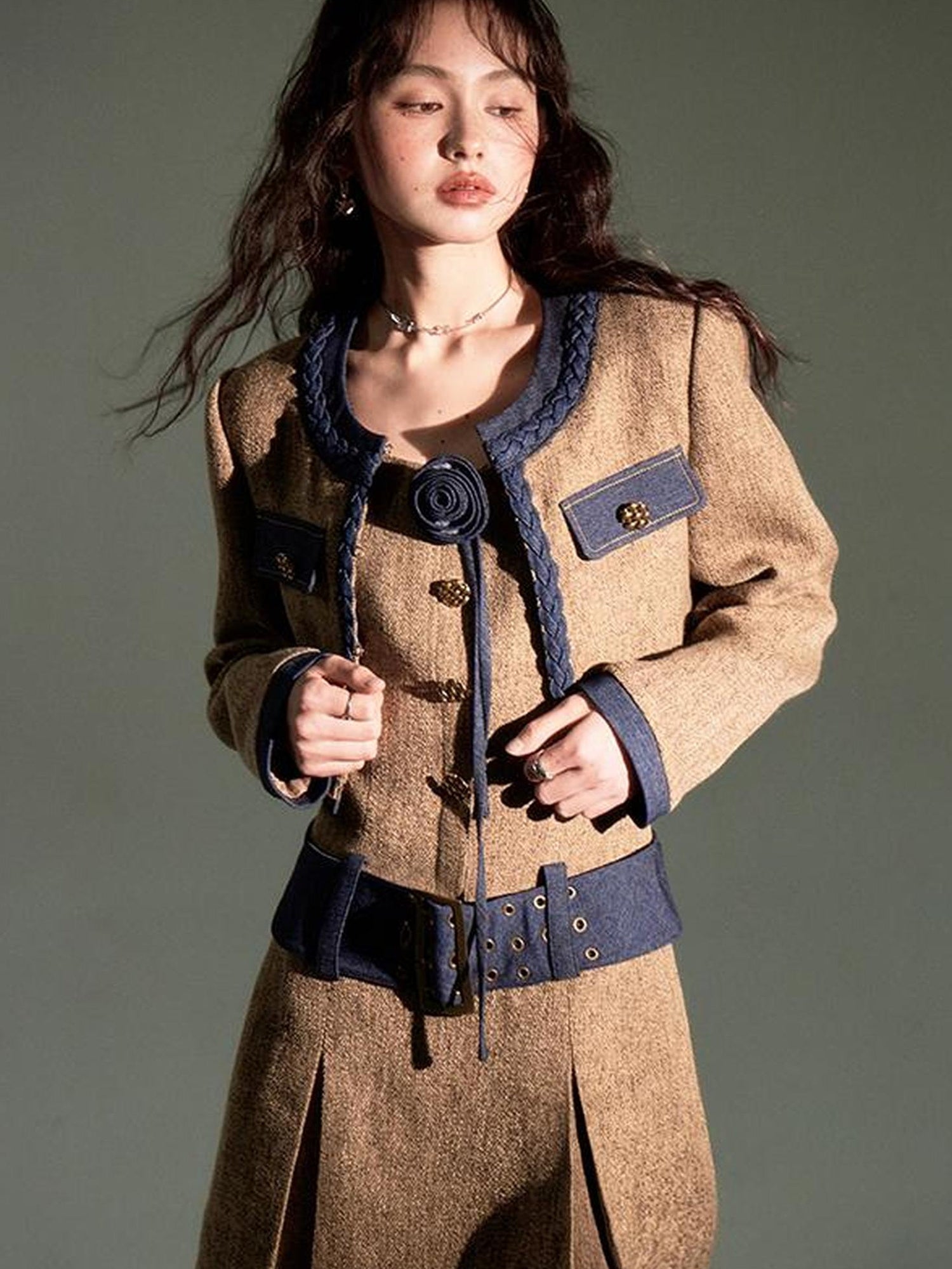 DIDDI MODA Autumn Rose Embroidered Tweed Coat Dress Set