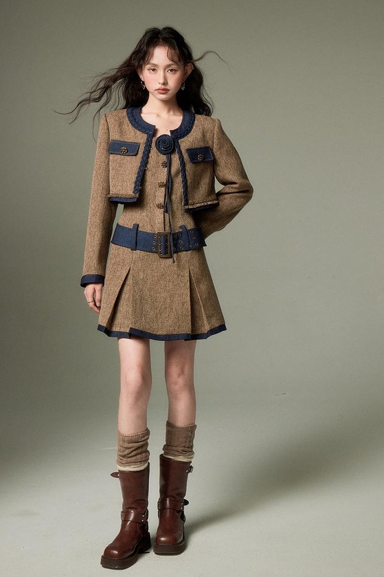 DIDDI MODA Autumn Rose Embroidered Tweed Coat Dress Set