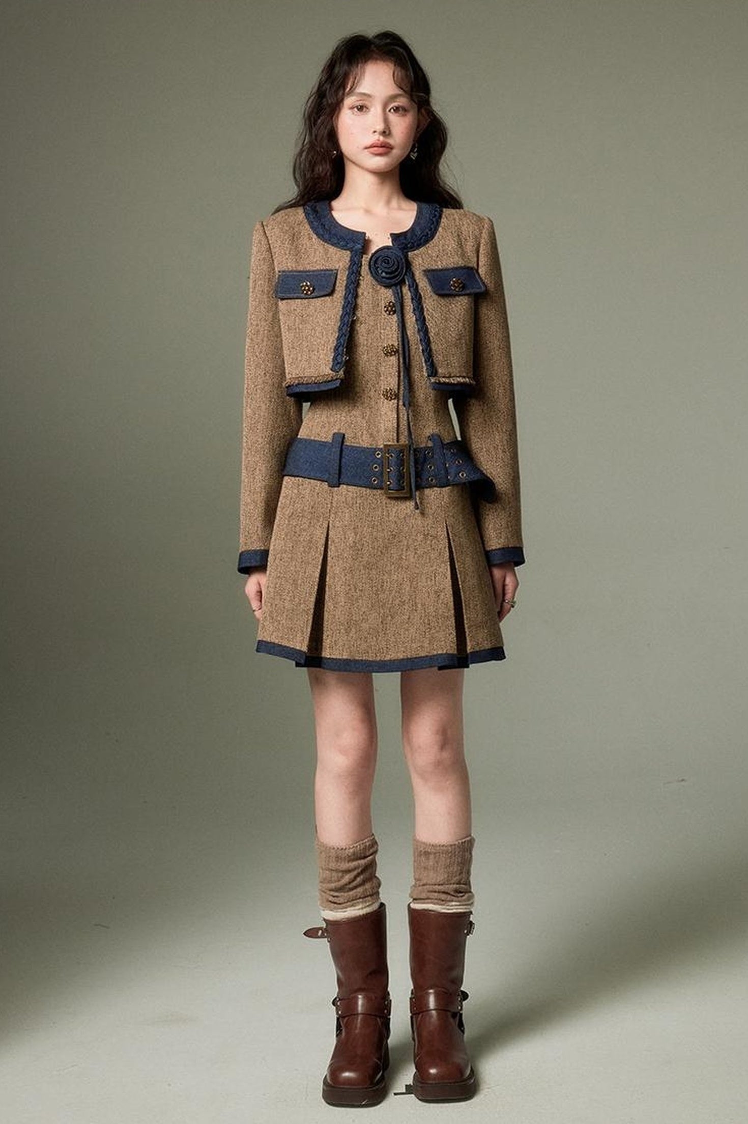 DIDDI MODA Autumn Rose Embroidered Tweed Coat Dress Set