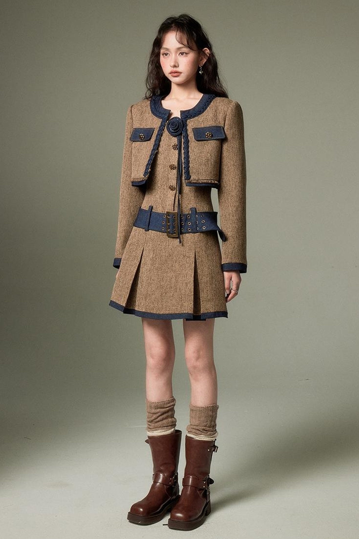 DIDDI MODA Autumn Rose Embroidered Tweed Coat Dress Set
