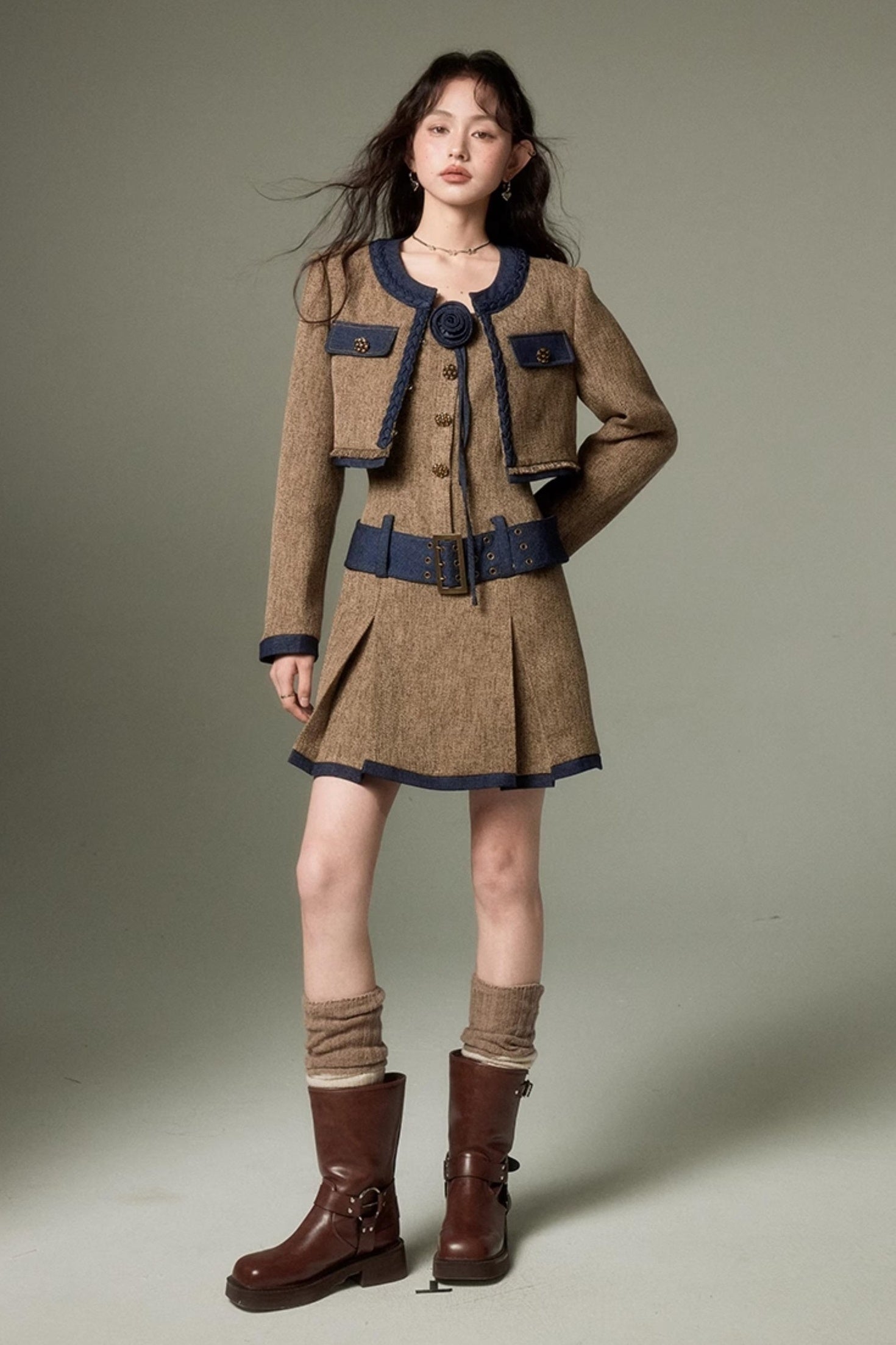 DIDDI MODA Autumn Rose Embroidered Tweed Coat Dress Set