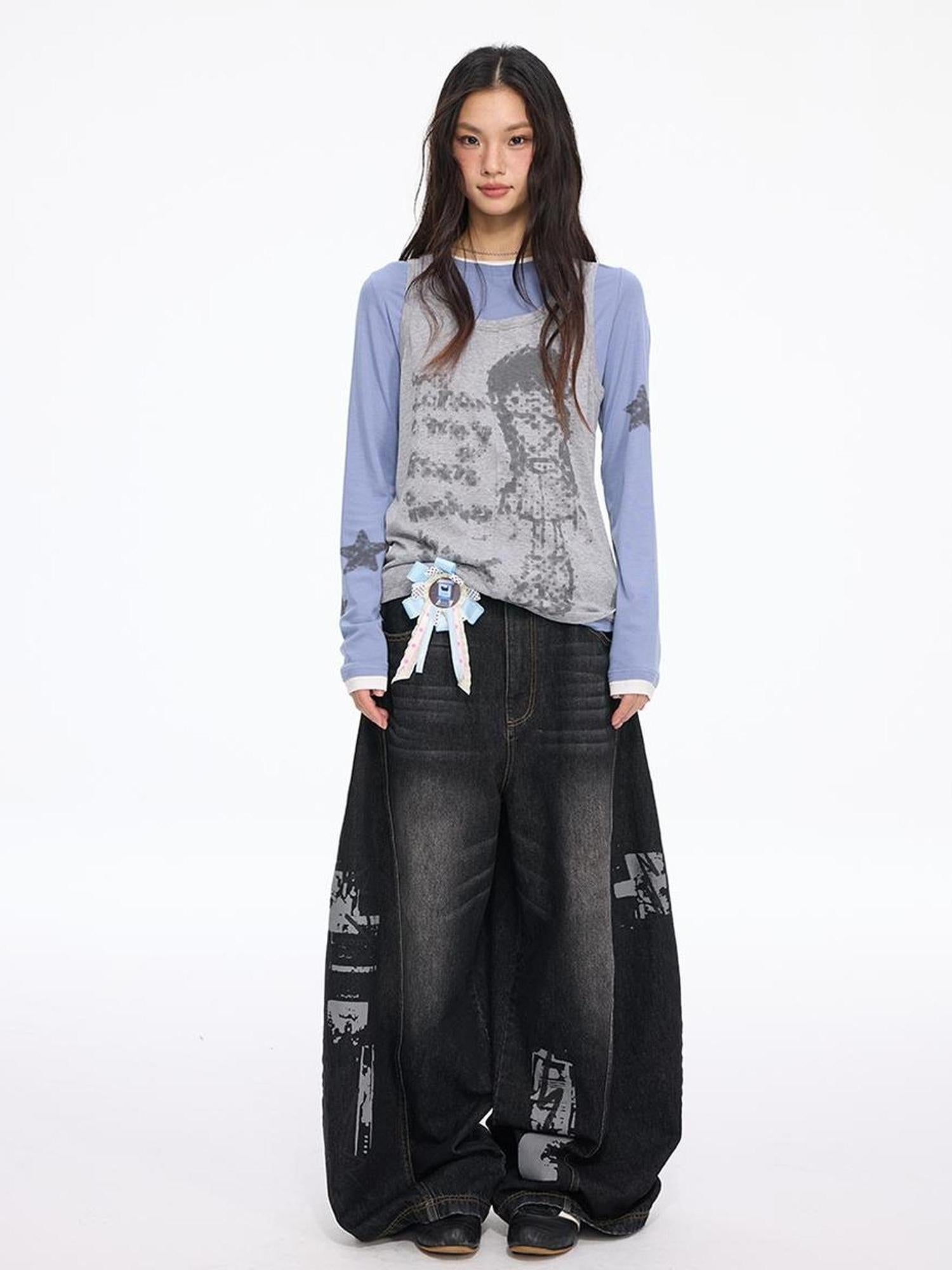 MOMSYCAN FOX LINE Autumn Star Girl Printed Layered Sleeveless Top Tencel Knit Two Piece Set