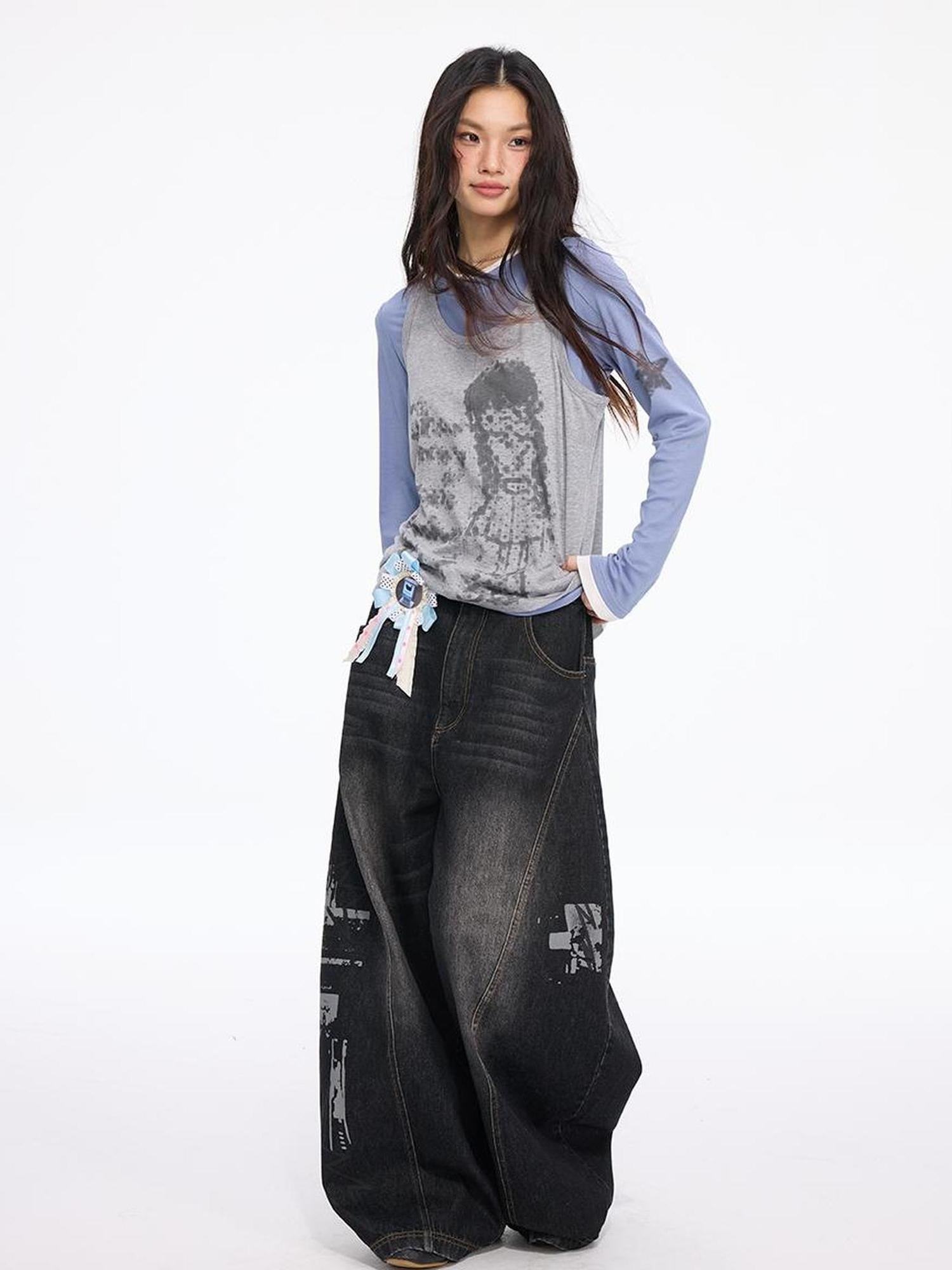MOMSYCAN FOX LINE Autumn Star Girl Printed Layered Sleeveless Top Tencel Knit Two Piece Set
