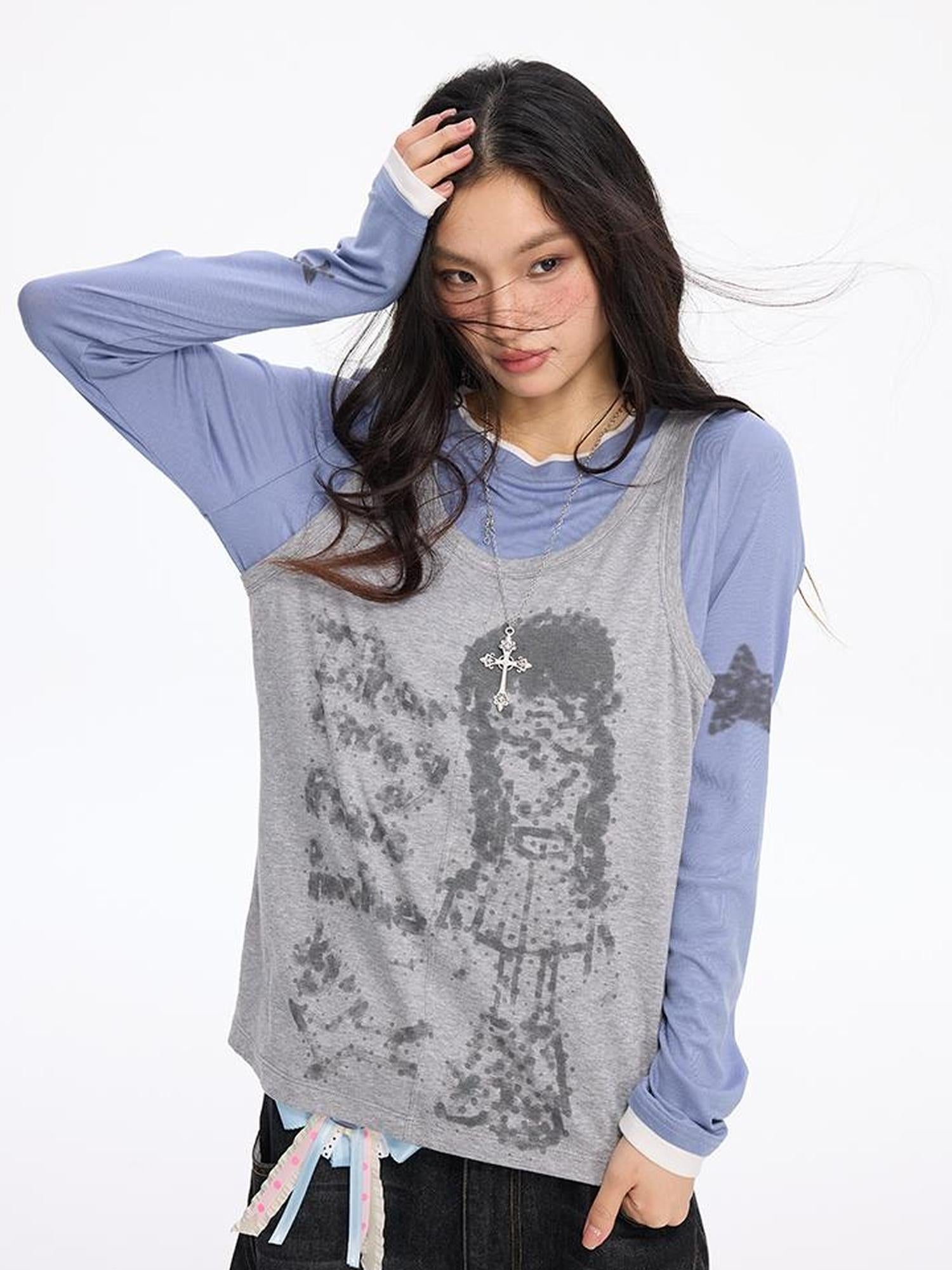 MOMSYCAN FOX LINE Autumn Star Girl Printed Layered Sleeveless Top Tencel Knit Two Piece Set