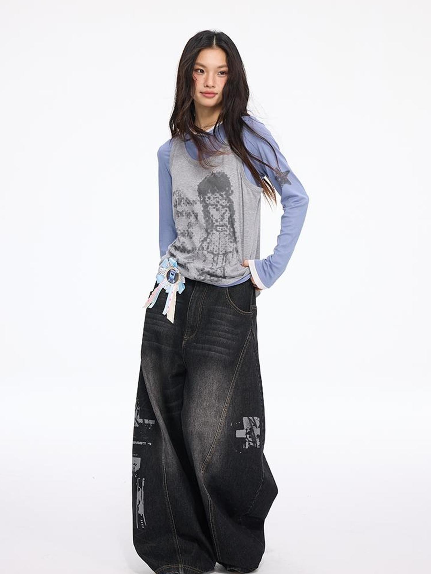 MOMSYCAN FOX LINE Autumn Star Girl Printed Layered Sleeveless Top Tencel Knit Two Piece Set