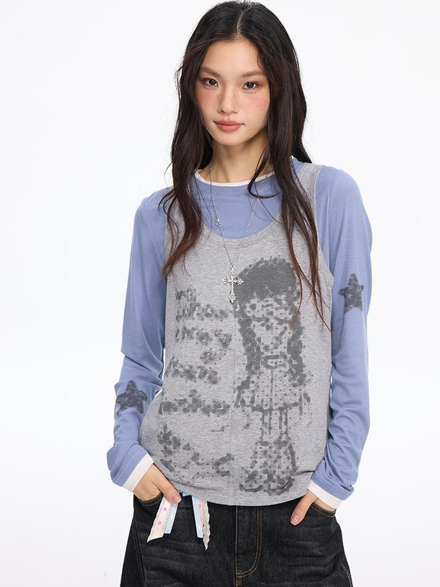 MOMSYCAN FOX LINE Autumn Star Girl Printed Layered Sleeveless Top Tencel Knit Two Piece Set