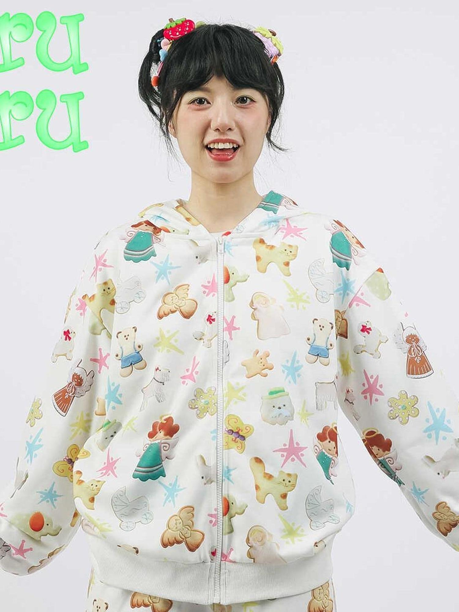 Frufru Gulu Autumn White Bunny Print Cotton Sweater Loose Fit