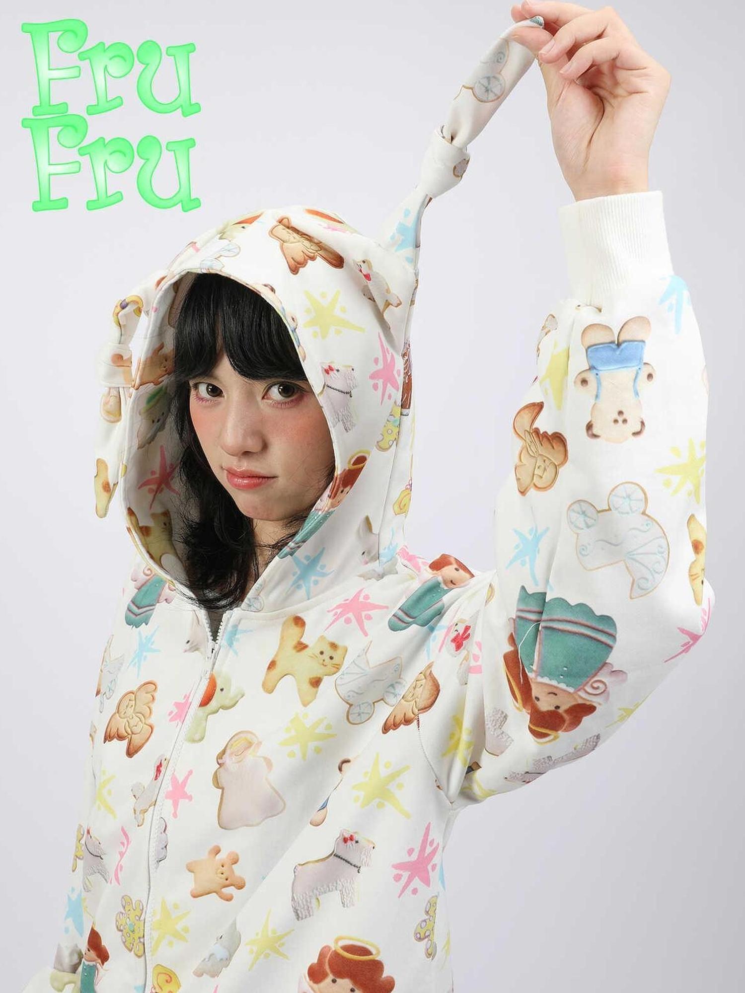 Frufru Gulu Autumn White Bunny Print Cotton Sweater Loose Fit